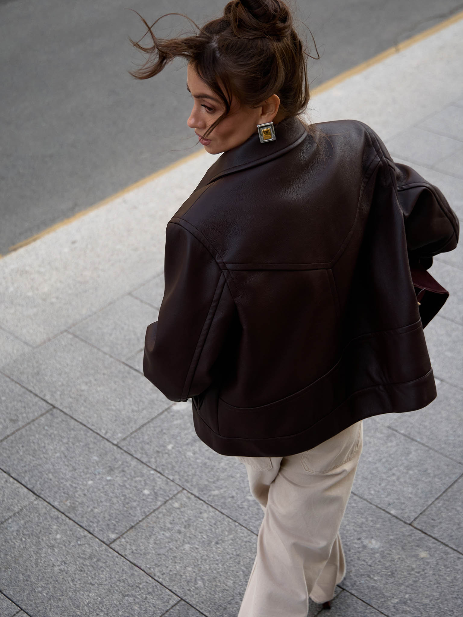 Eco-leather jacket with triangular collar