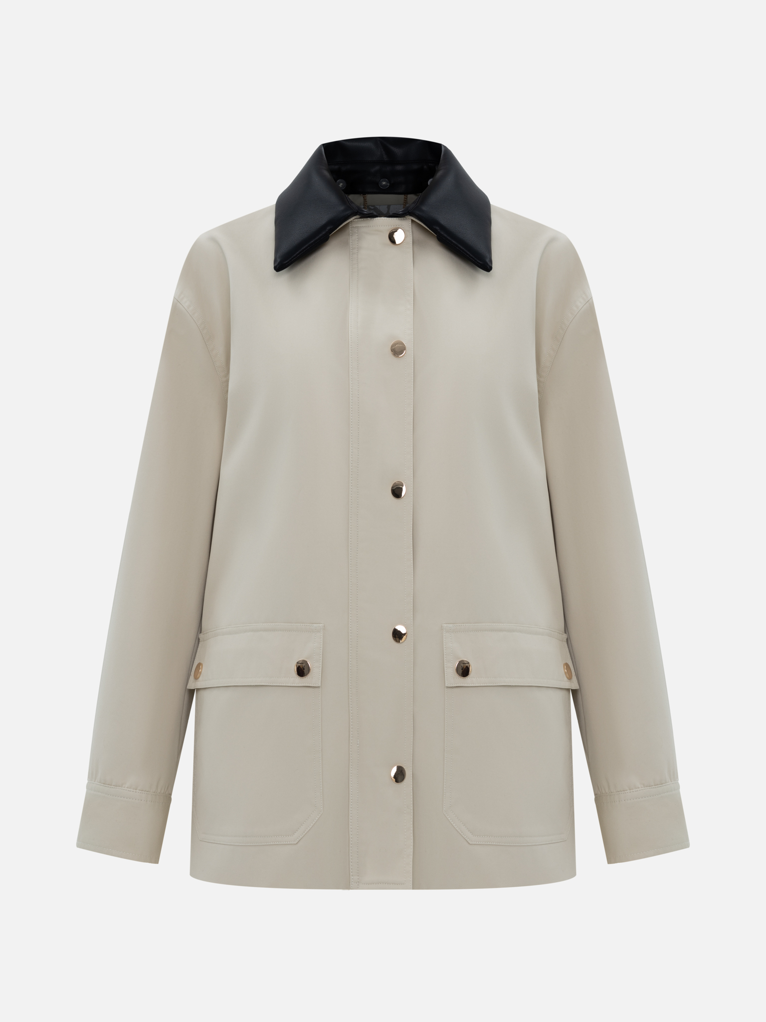 Extended jacket with contrasting eco-leather collar