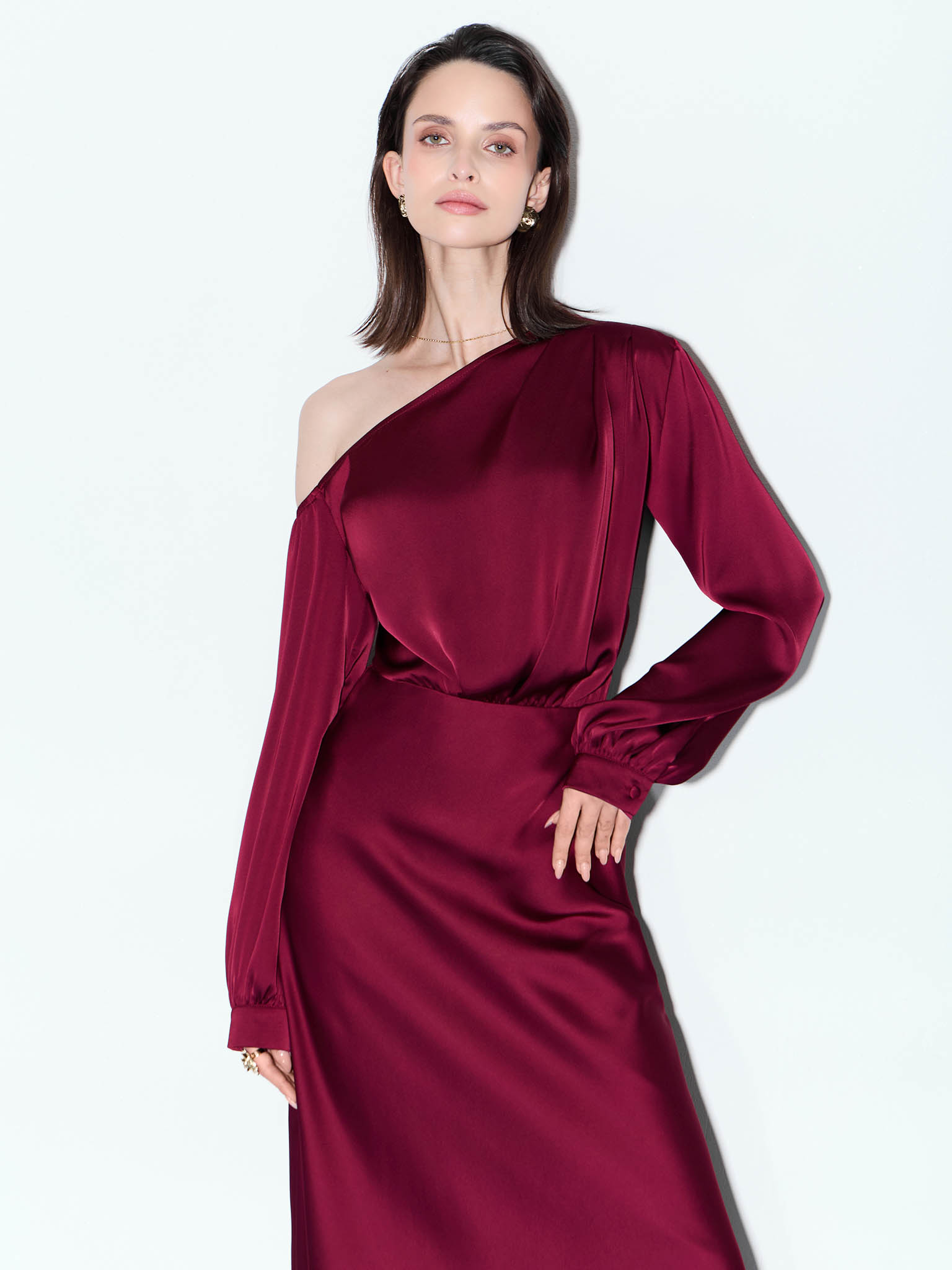 Satin midi dress with one shoulder bodice