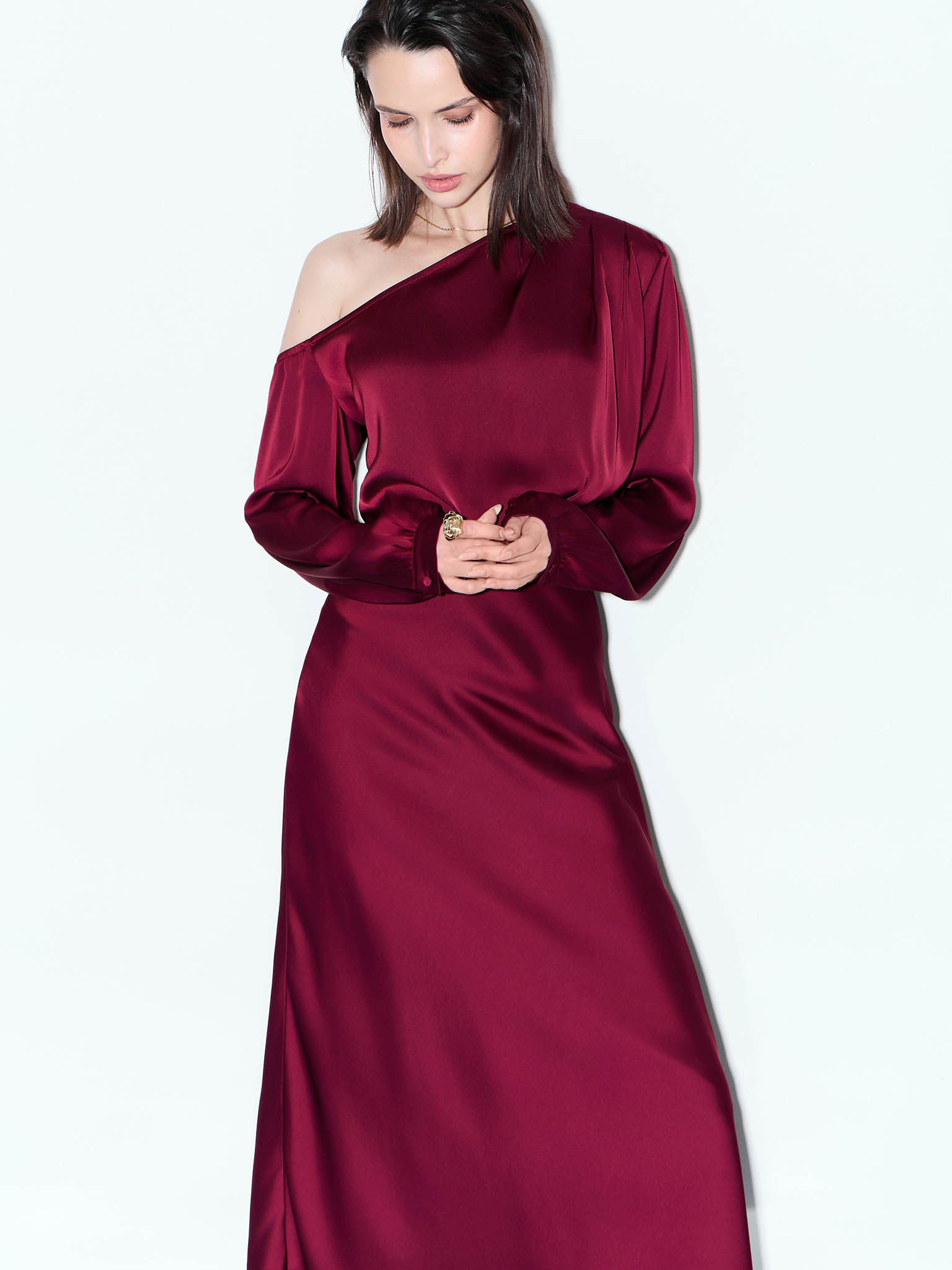 Satin midi dress with one shoulder bodice