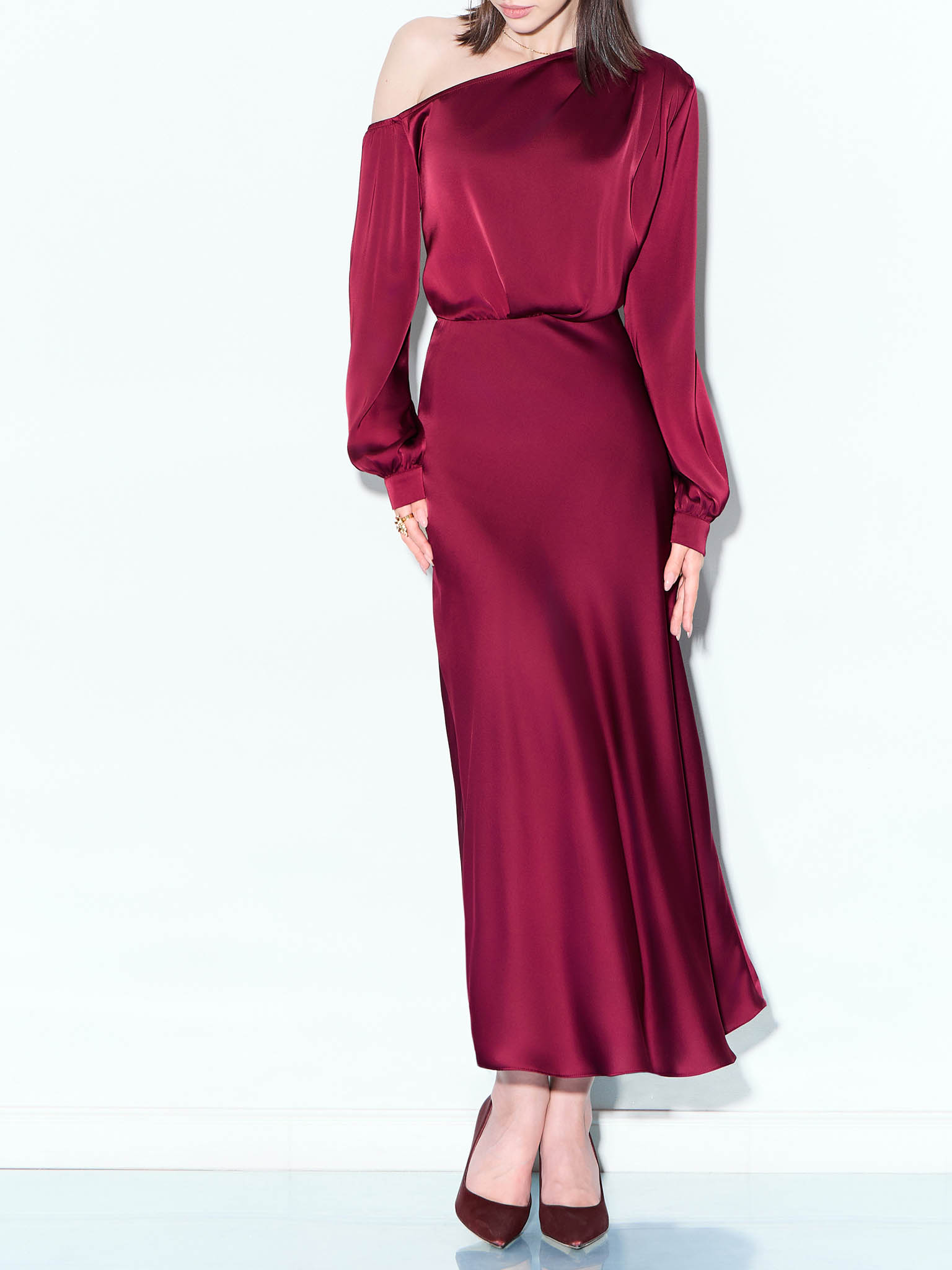 Satin midi dress with one shoulder bodice