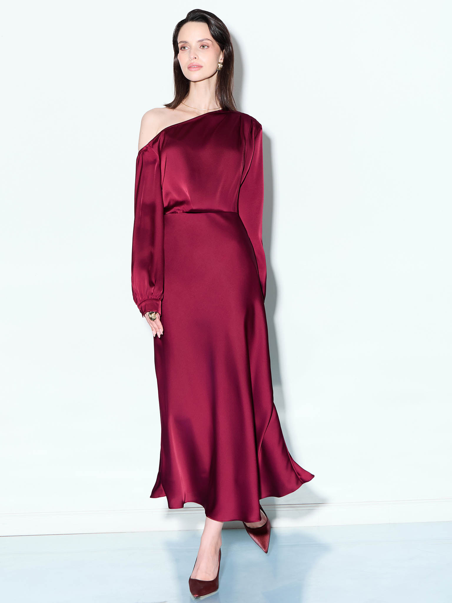 Satin midi dress with one shoulder bodice