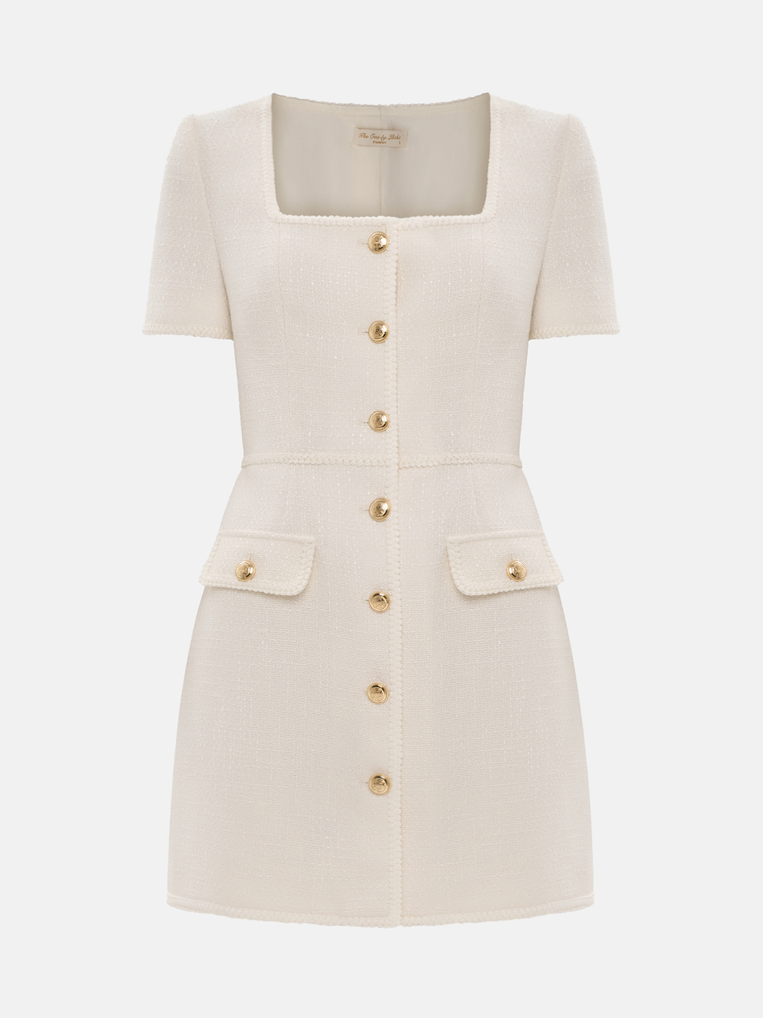 Short-sleeved mini dress with golden buttons