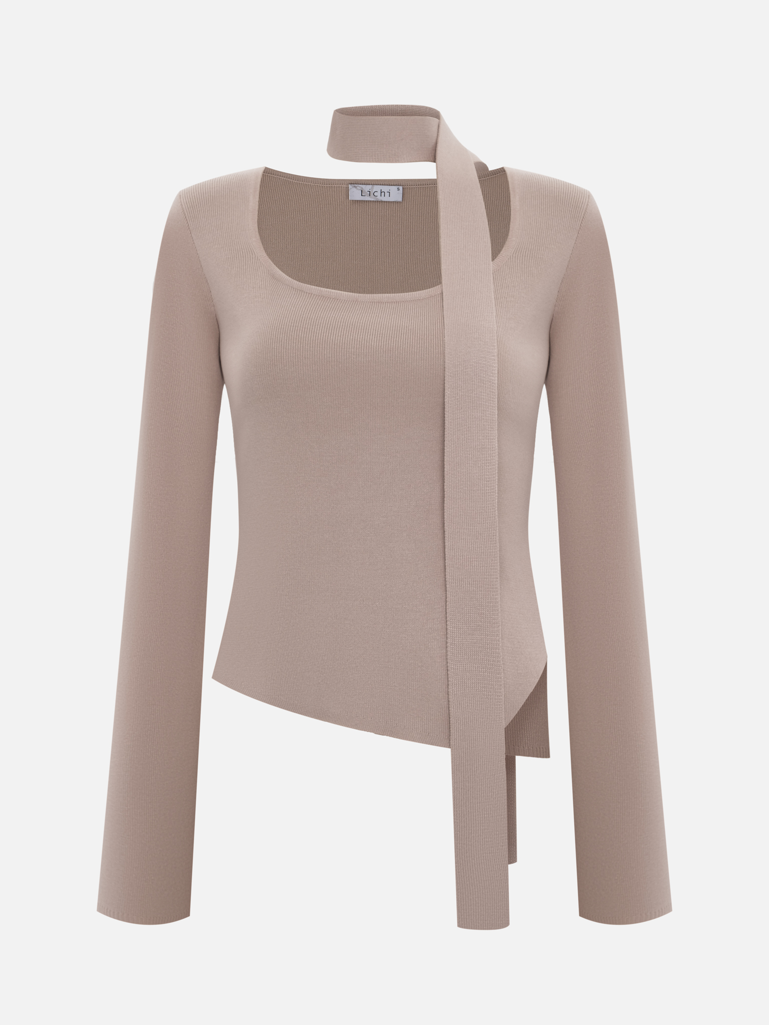 Jersey top with asymmetrical edge and ribbon scarf