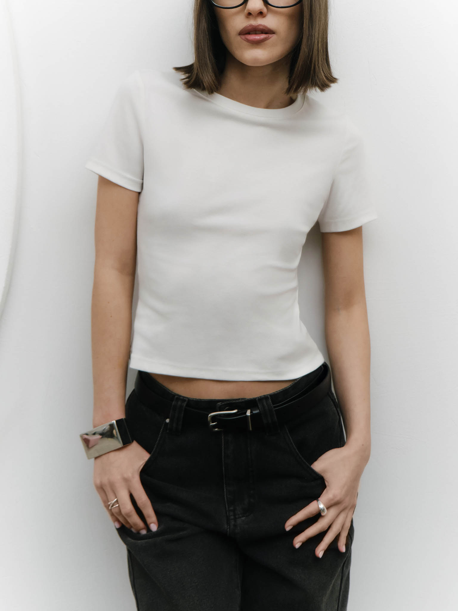 Cropped fitted jersey T-shirt