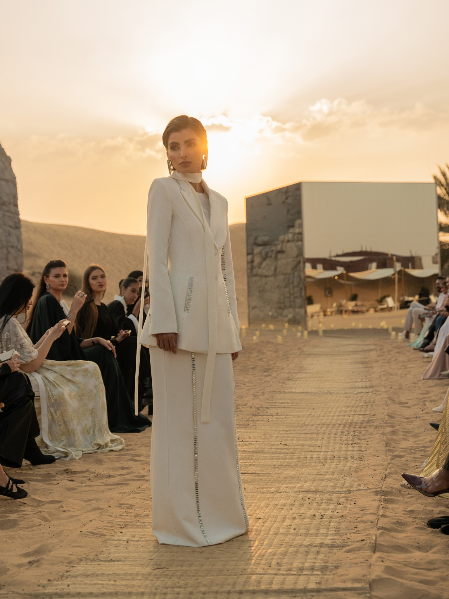 Fitted blazer with silvertone decor and matching ribbon scarf
