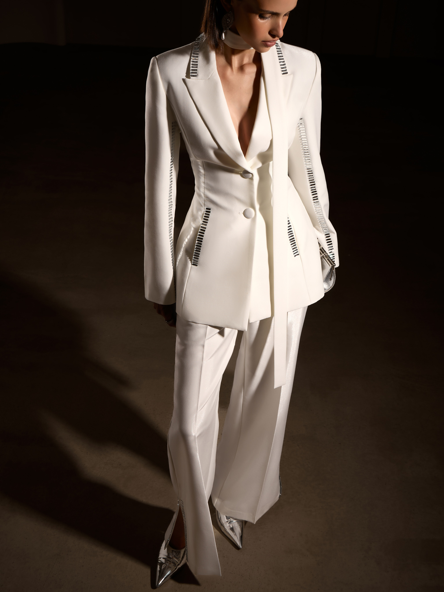 Fitted blazer with silvertone decor and matching ribbon scarf