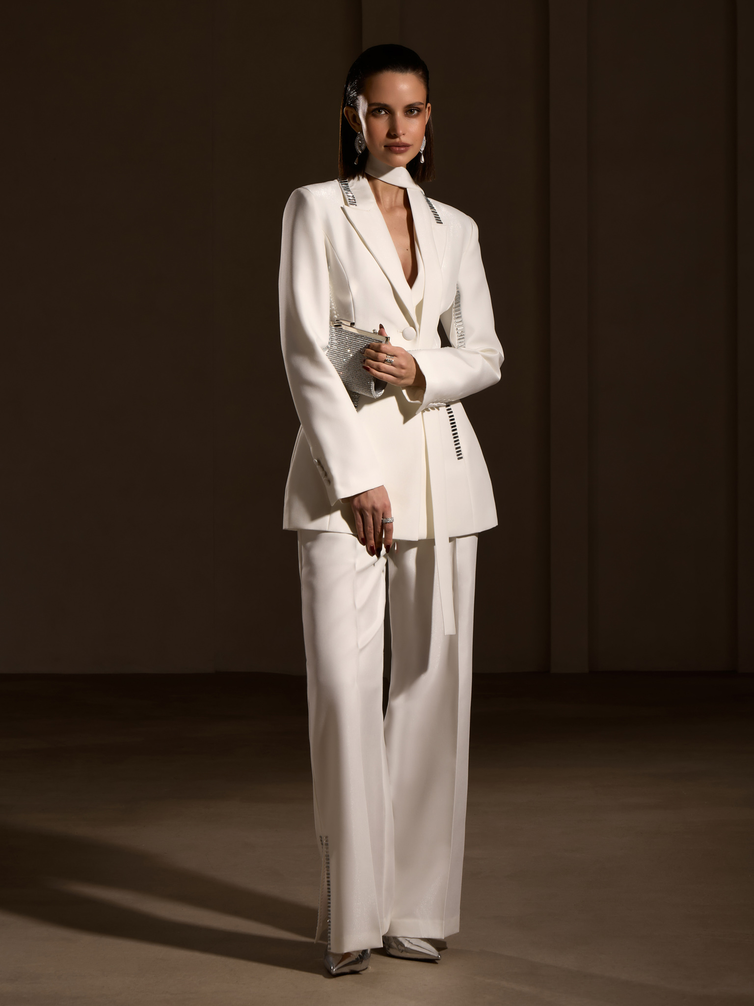 Fitted blazer with silvertone decor and matching ribbon scarf