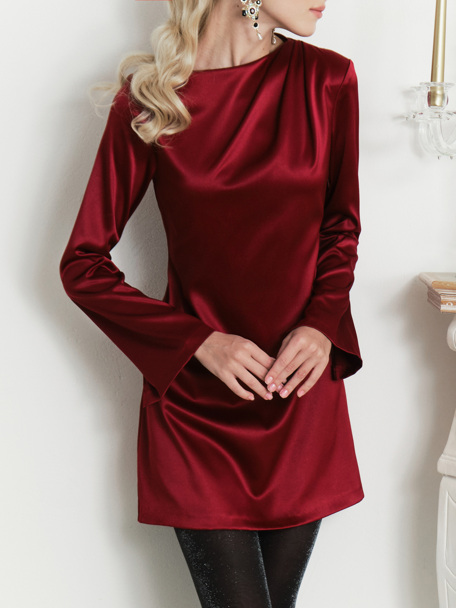 Satin mini A-silhouette dress with draping on the shoulder