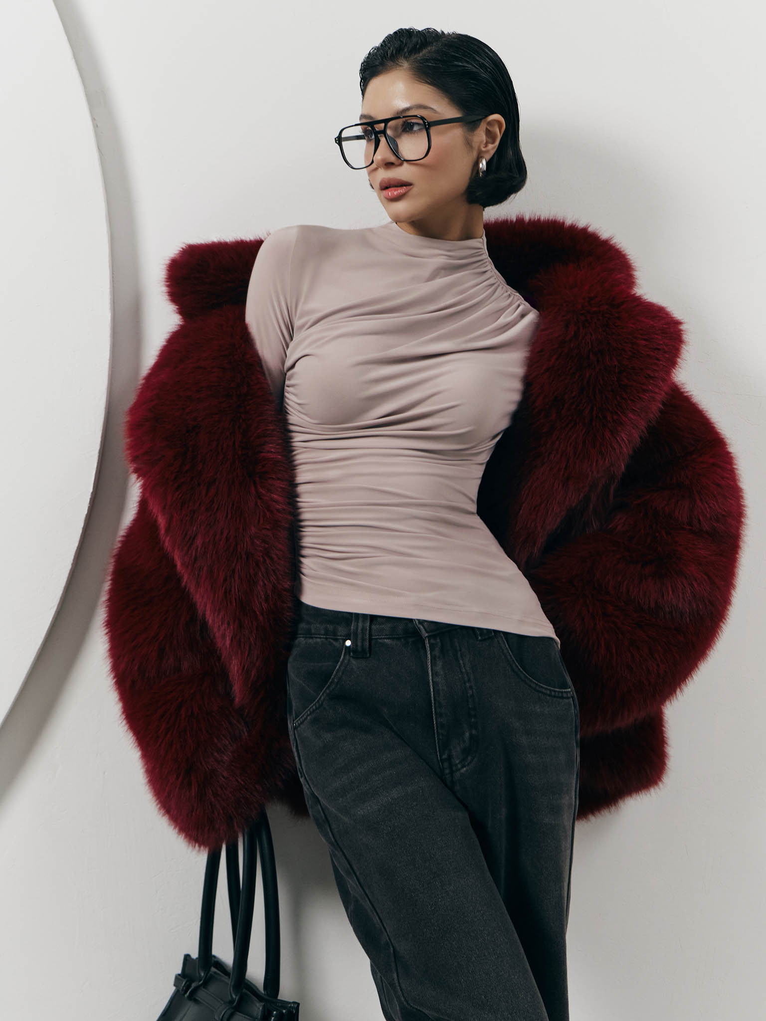 Jersey turtleneck with waist drapery