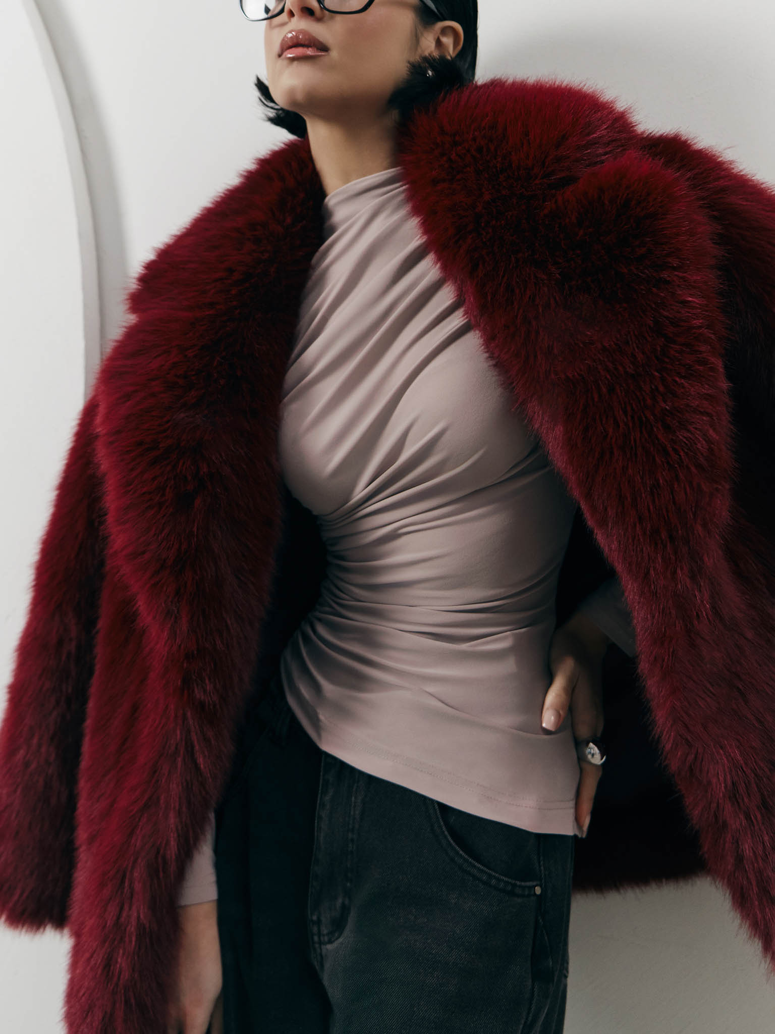 Jersey turtleneck with waist drapery