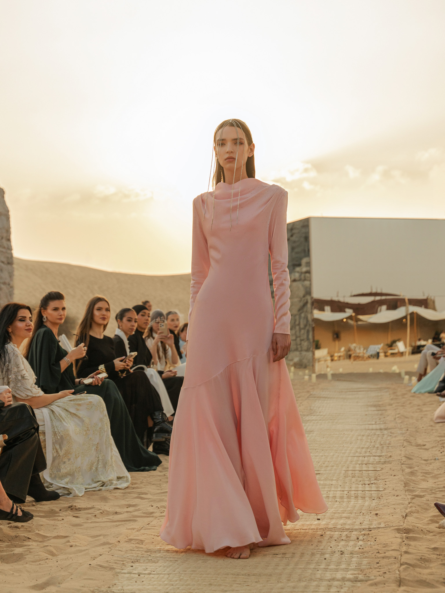 Fitted satin maxi dress with rhinestones on the bodice