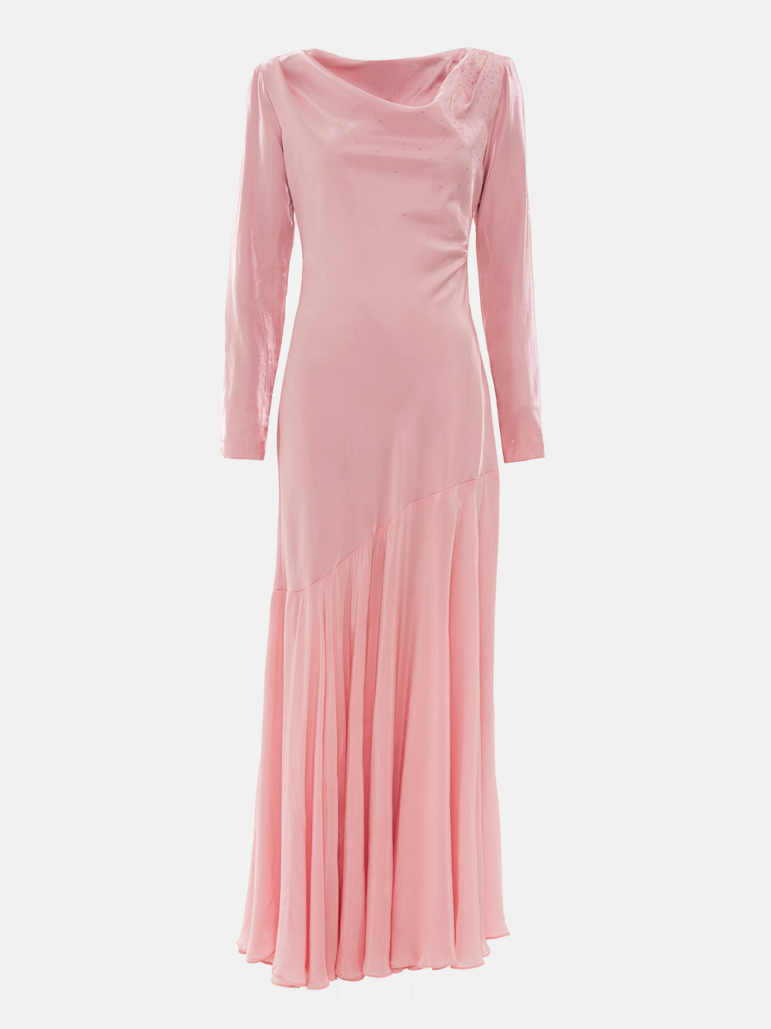 Fitted satin maxi dress with rhinestones on the bodice