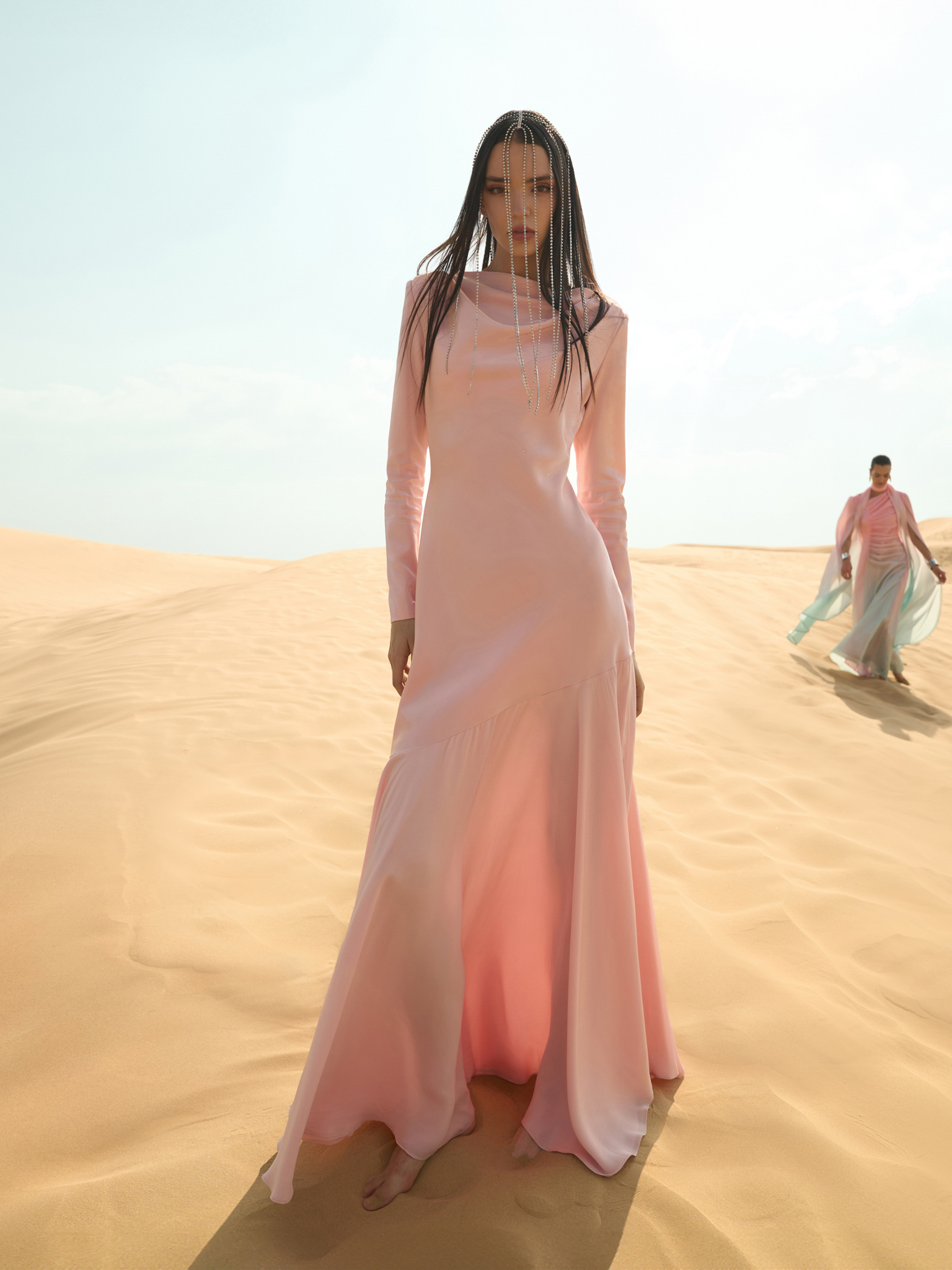 Fitted satin maxi dress with rhinestones on the bodice