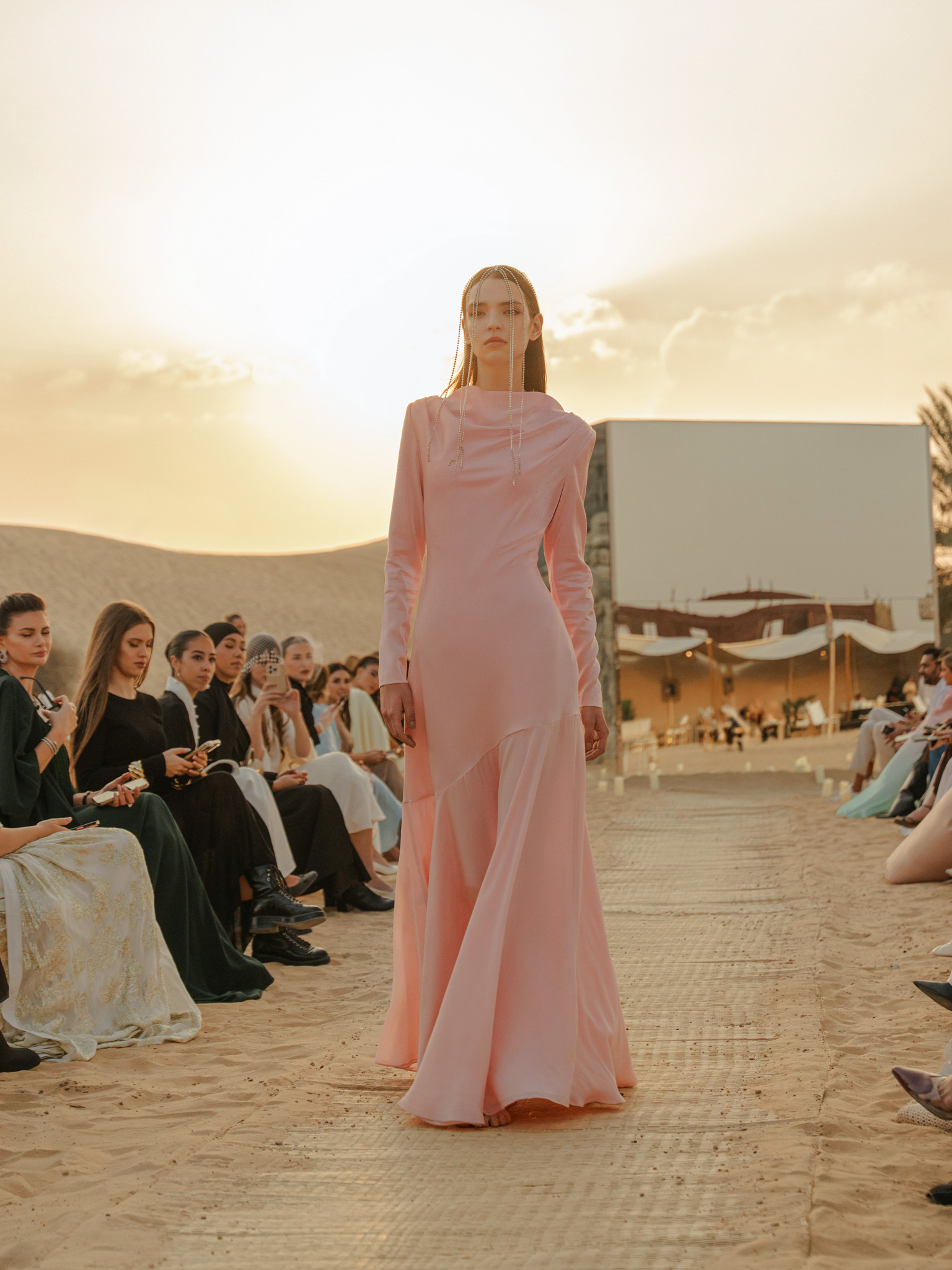 Fitted satin maxi dress with rhinestones on the bodice
