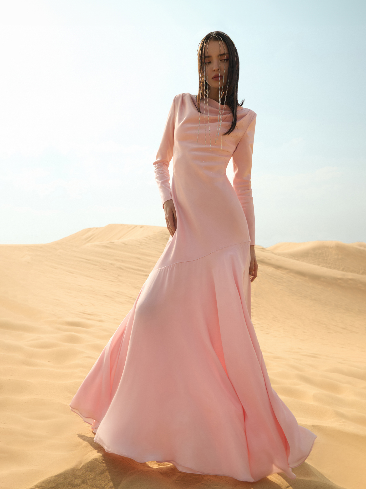 Fitted satin maxi dress with rhinestones on the bodice