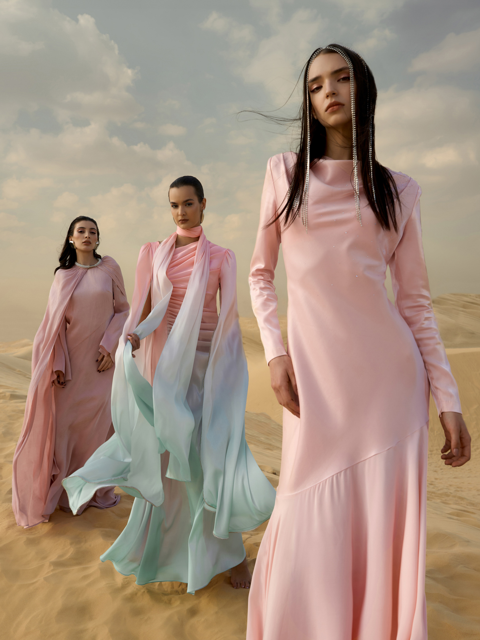 Fitted satin maxi dress with rhinestones on the bodice