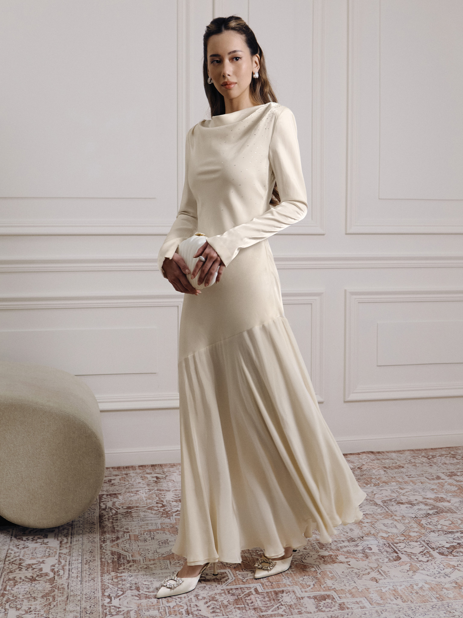 Fitted satin maxi dress with rhinestones on the bodice