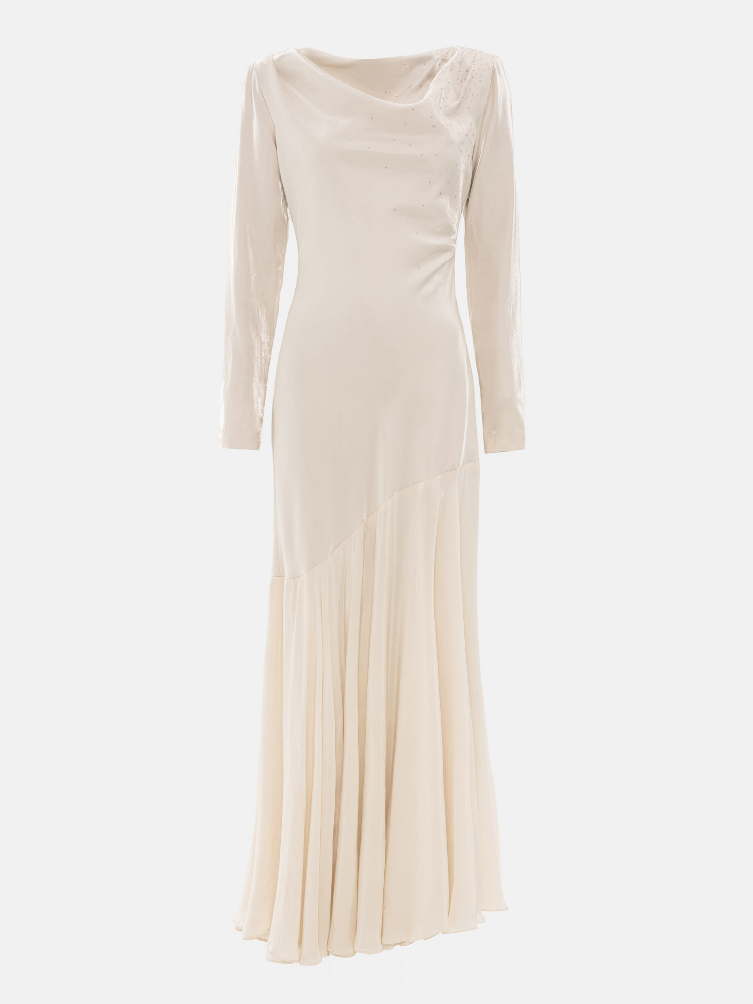 Fitted satin maxi dress with rhinestones on the bodice