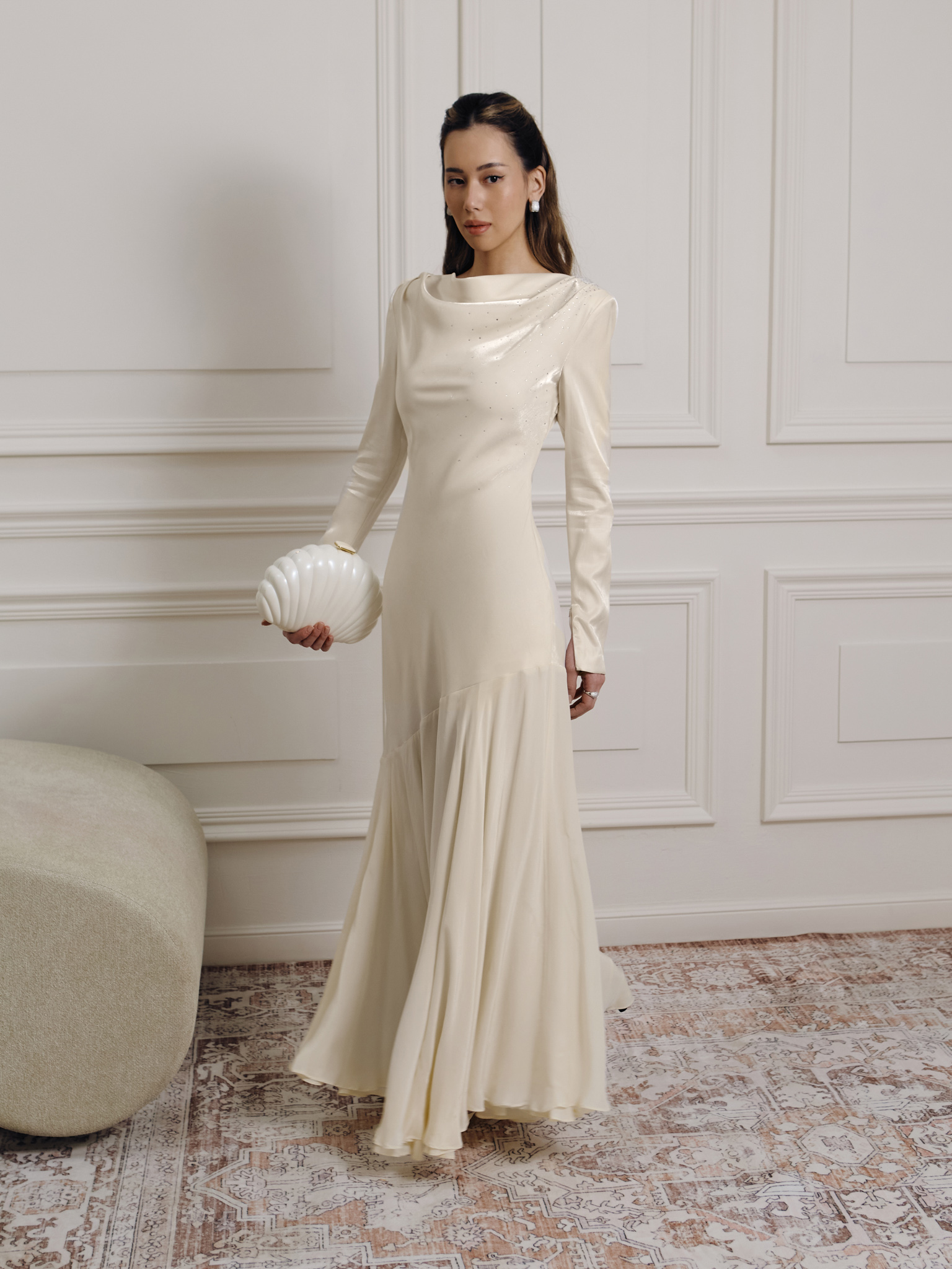 Fitted satin maxi dress with rhinestones on the bodice