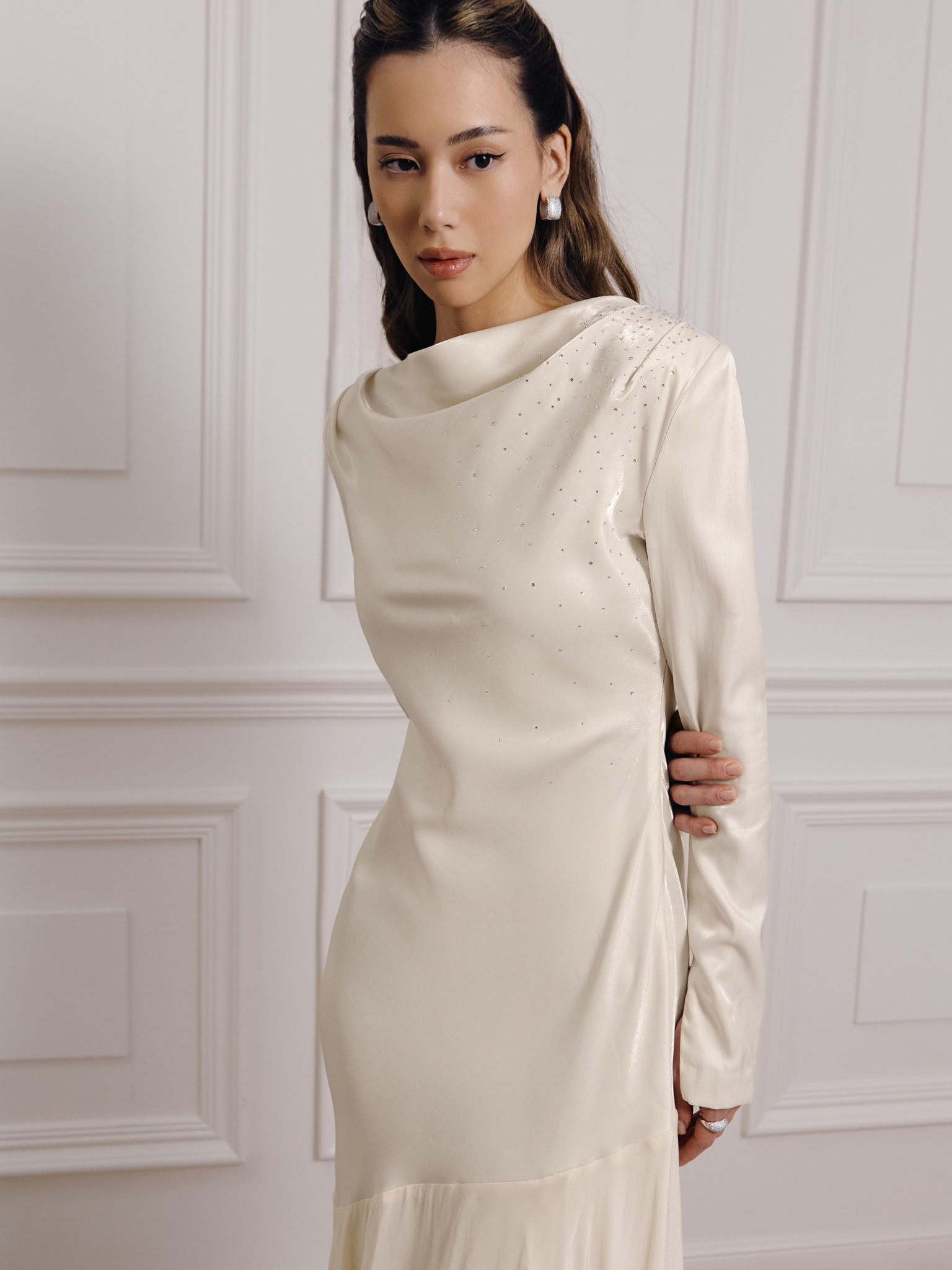 Fitted satin maxi dress with rhinestones on the bodice