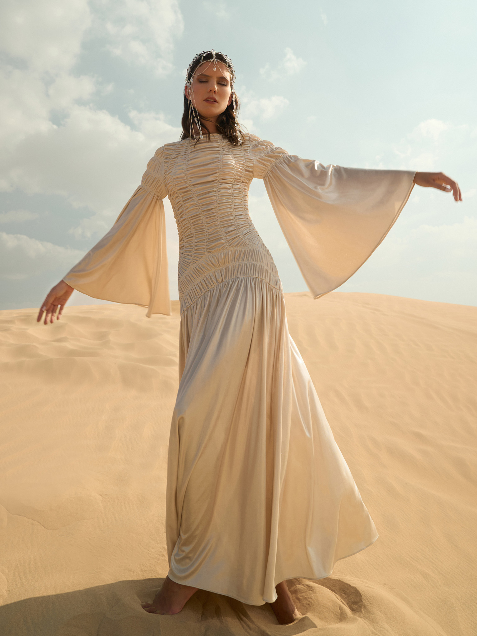 Metallic maxi dress with gathers on the bodice and shoulders