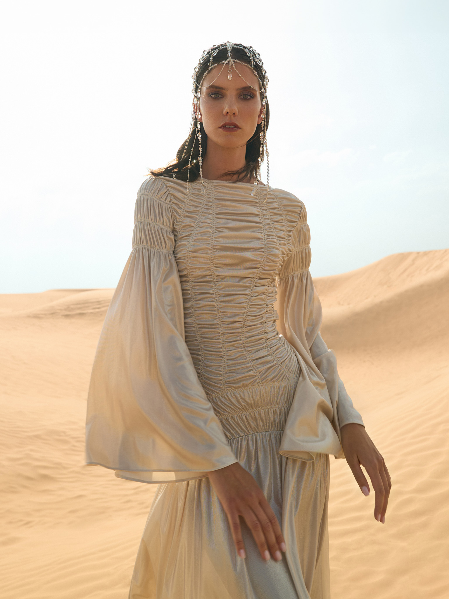 Metallic maxi dress with gathers on the bodice and shoulders