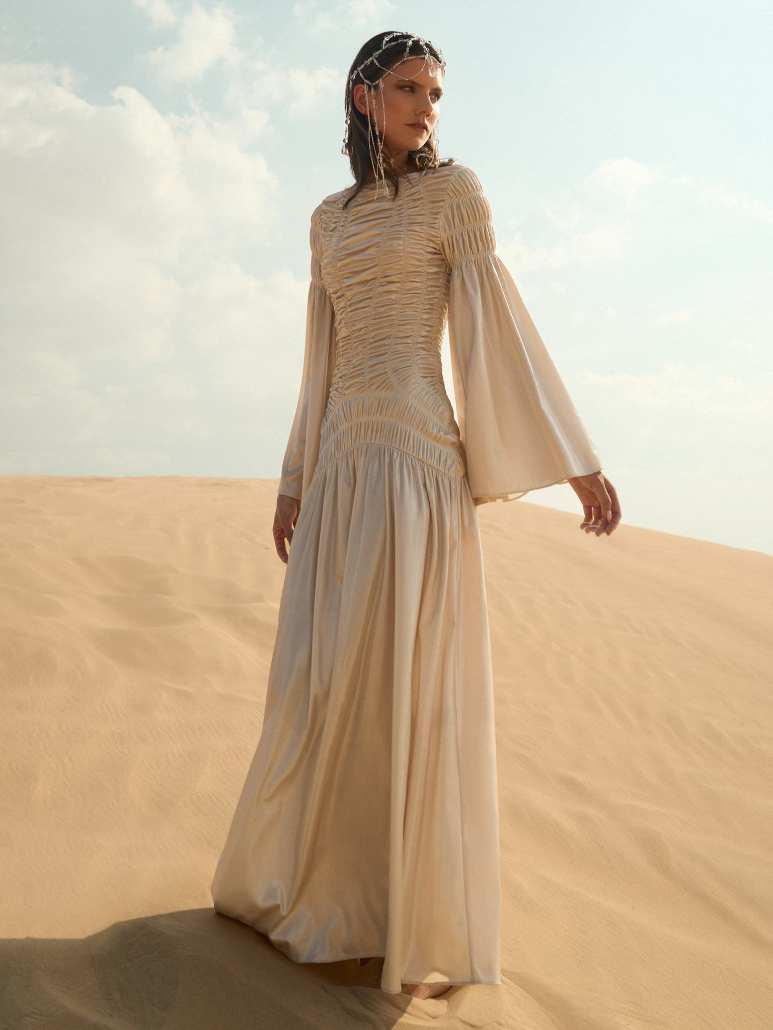 Metallic maxi dress with gathers on the bodice and shoulders