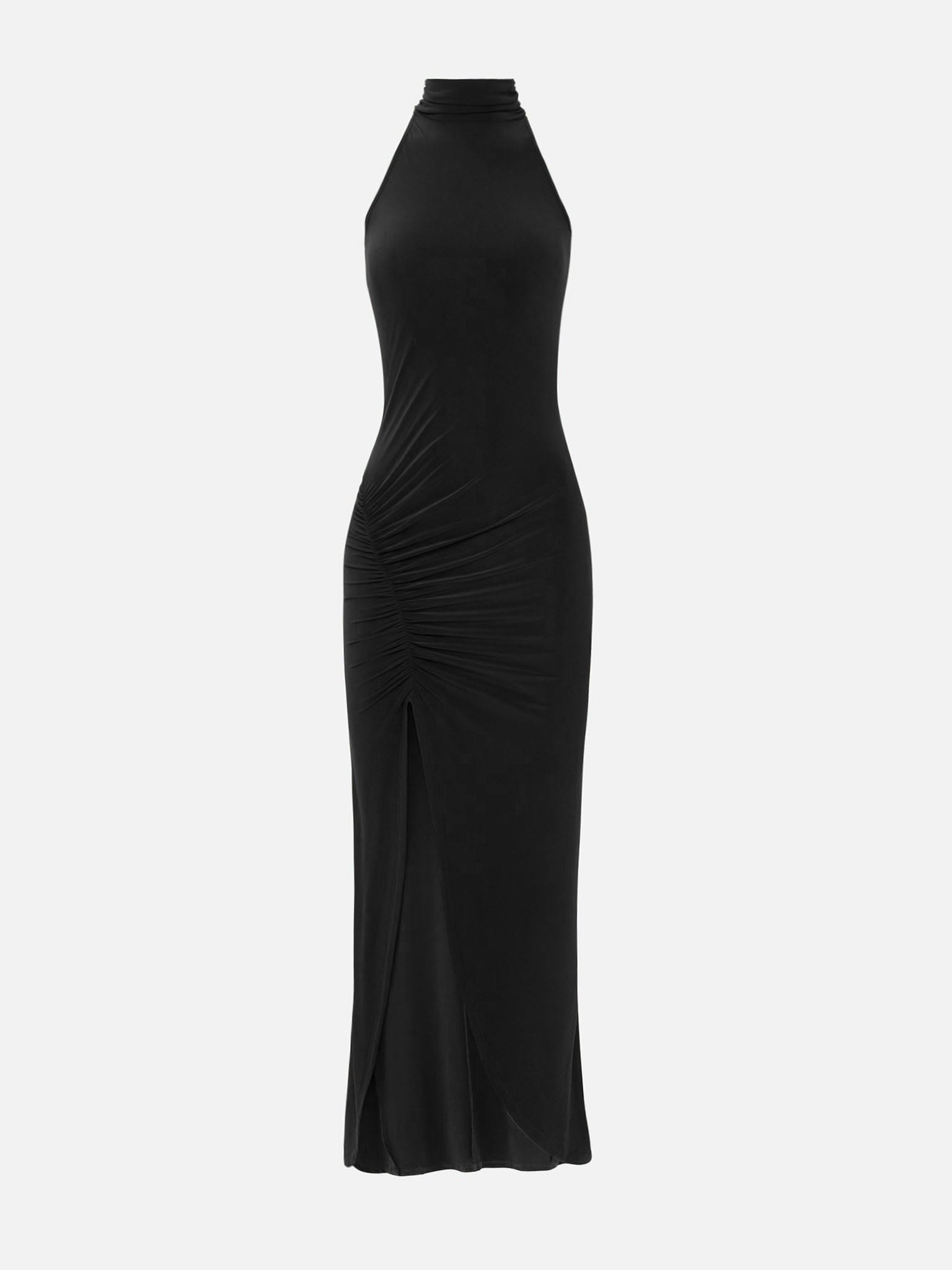 Jersey maxi dress with halter collar and gathers at the front