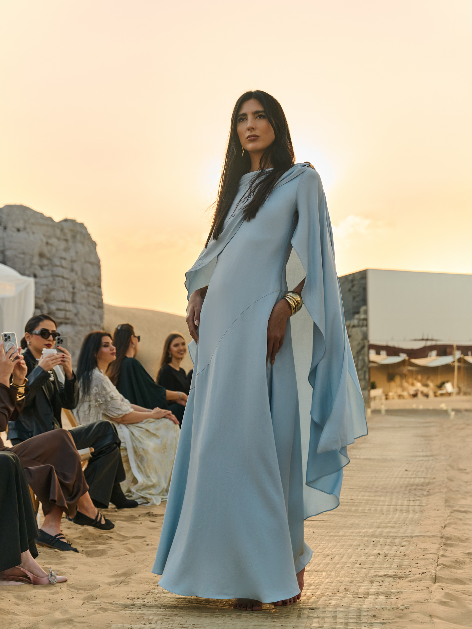 Maxi dress with asymmetrical cape