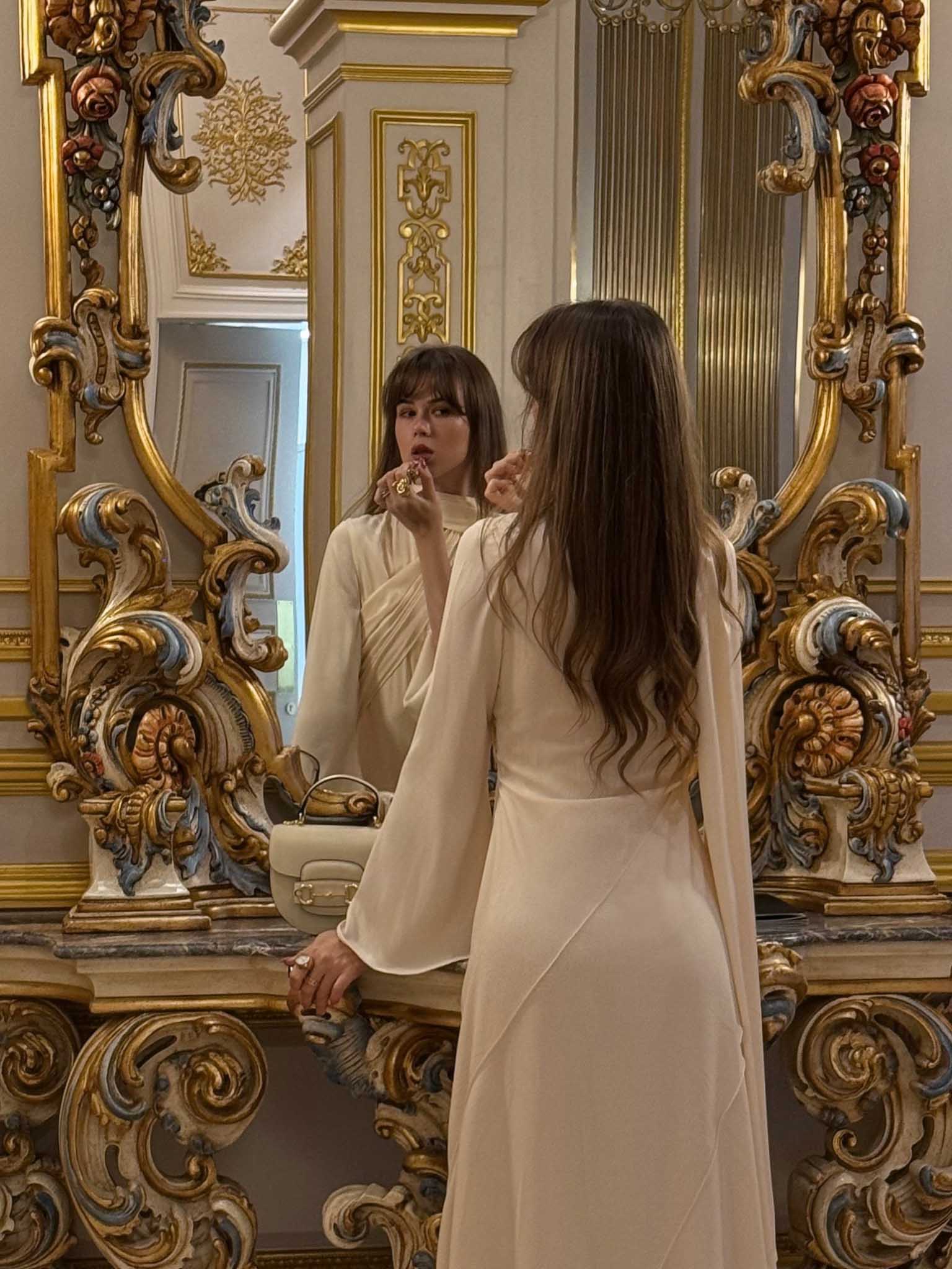 Maxi dress with asymmetrical draped bodice