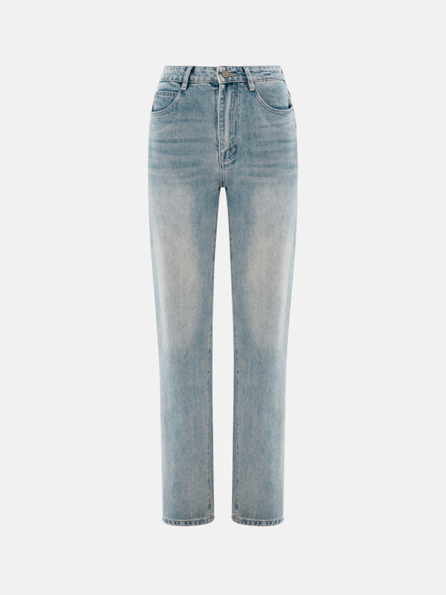Straight jeans with distressed accent on the thighs