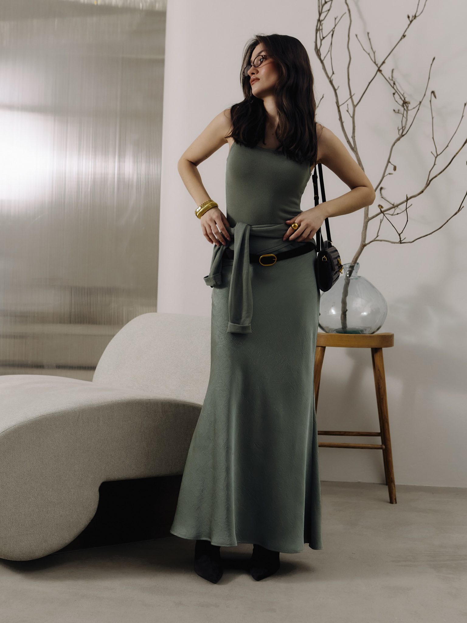 Floor-length maxi skirt in textured fabric