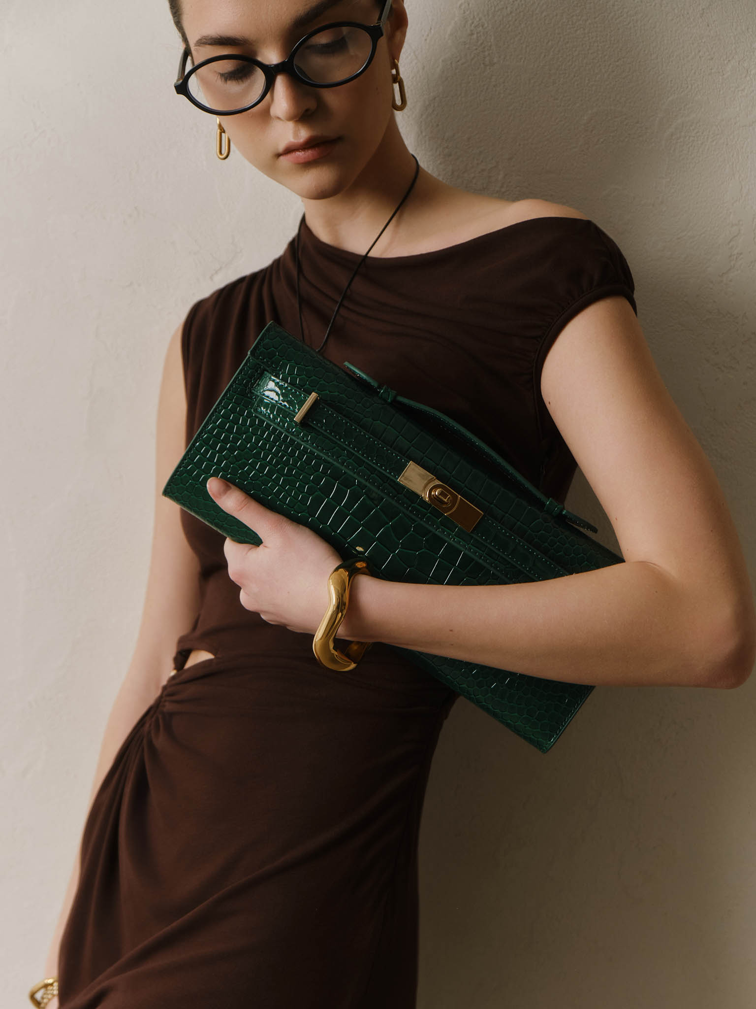 Rectangular reptile-embossed eco-leather bag