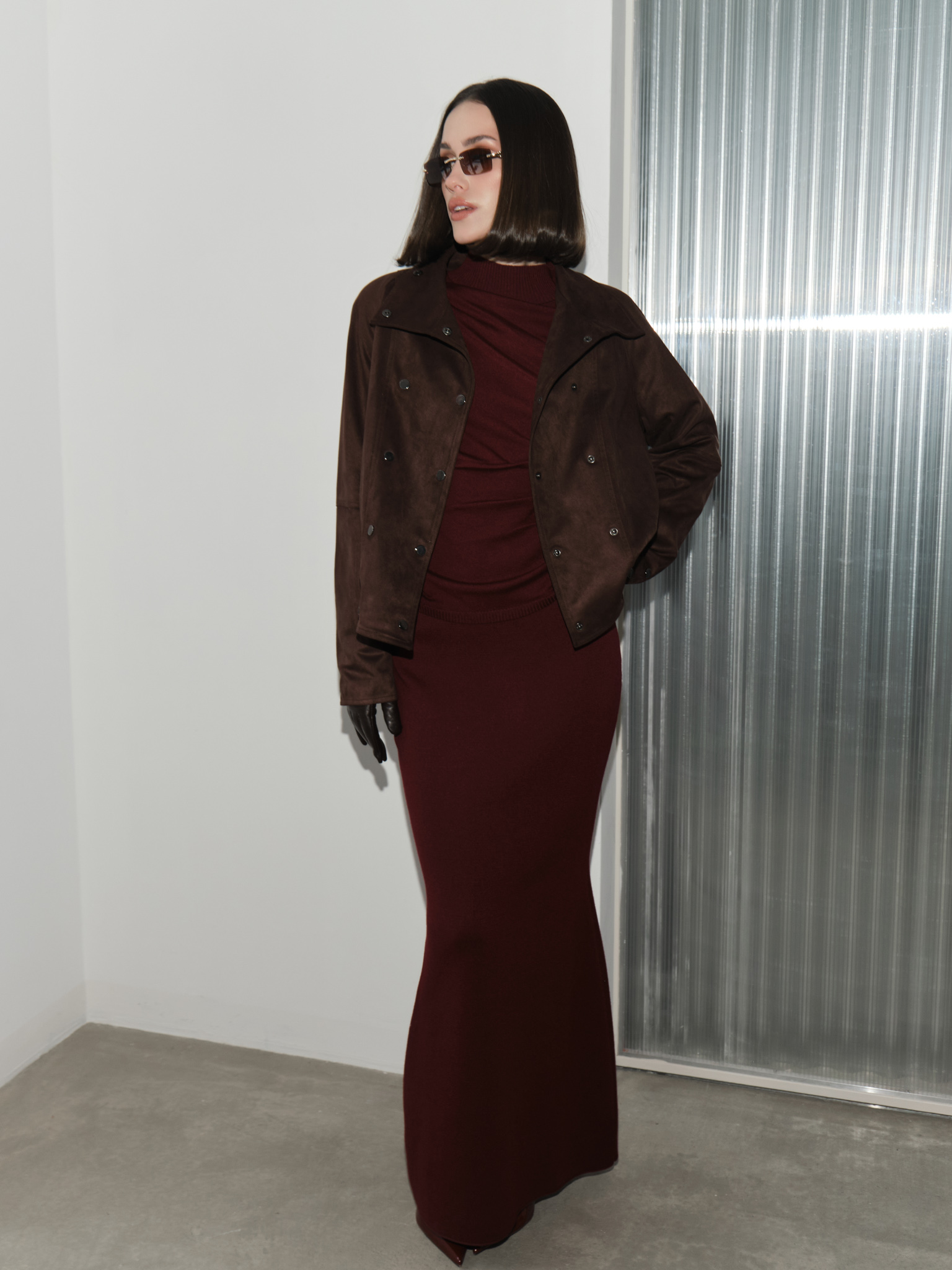 Short eco-suede jacket with button fastening