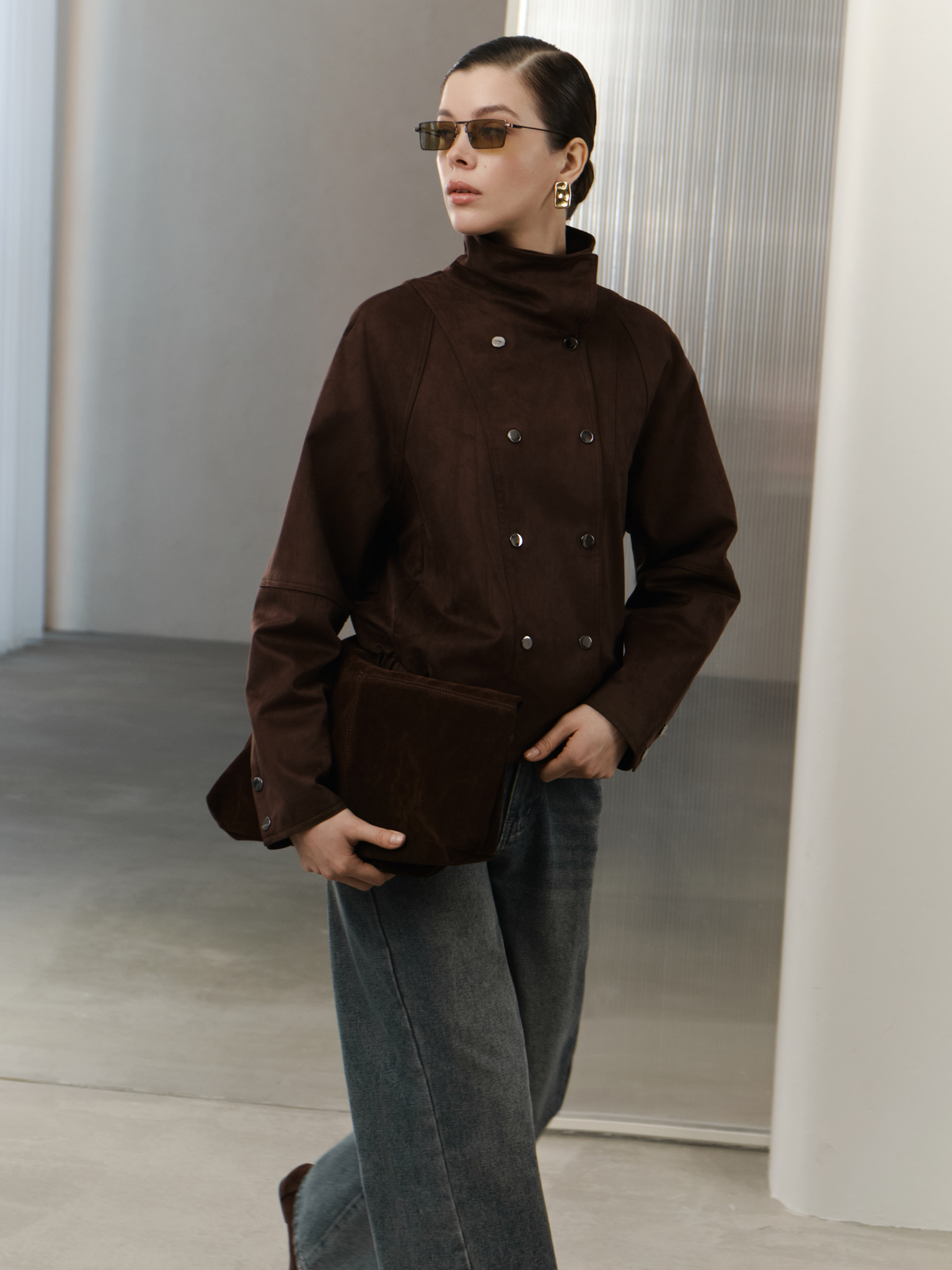 Short eco-suede jacket with button fastening