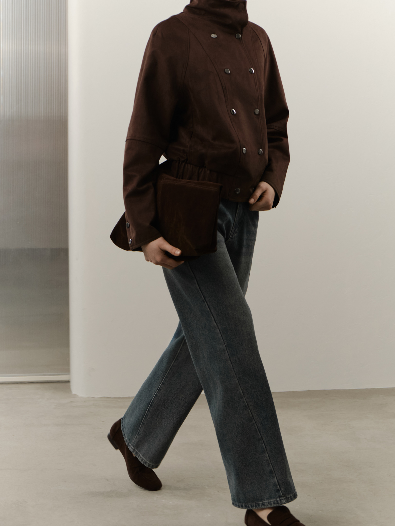 Short eco-suede jacket with button fastening