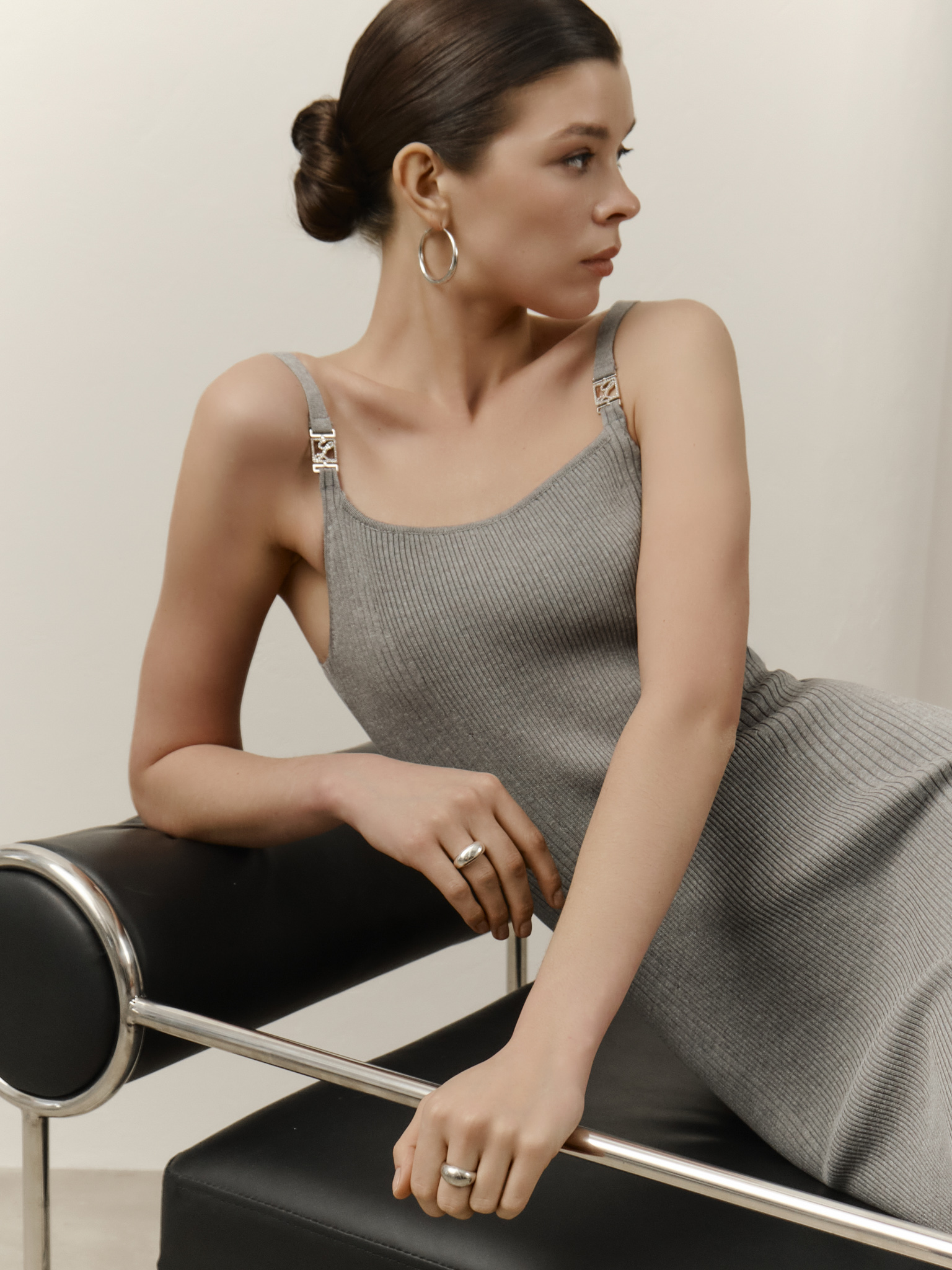 Mini ribbed dress with strap decoration