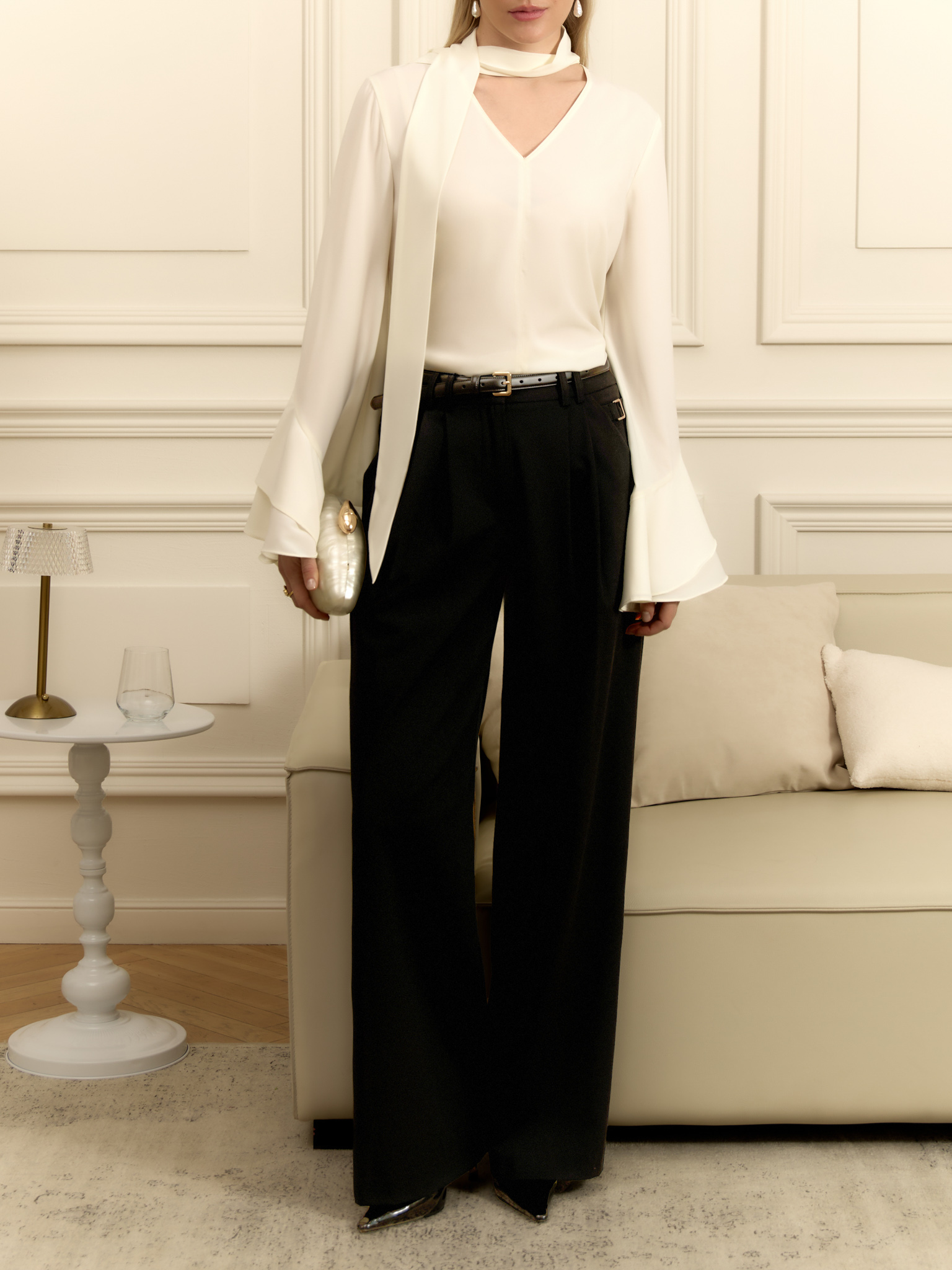 Loose suiting trousers with eco-leather belt
