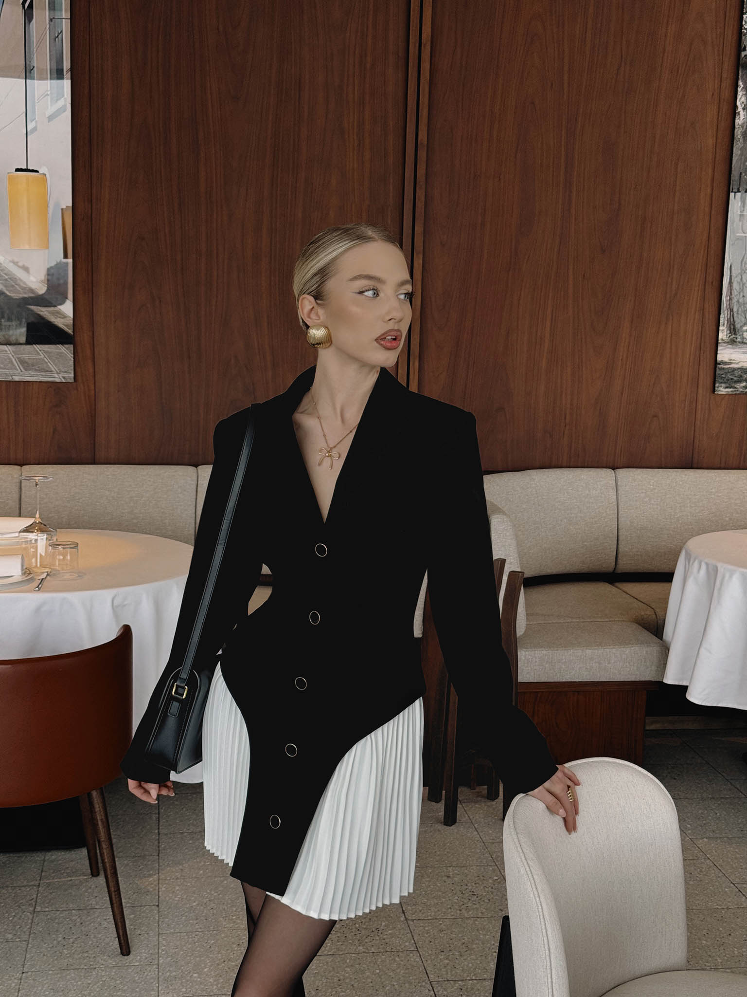 Mini blazer dress with pleated inserts on the skirt