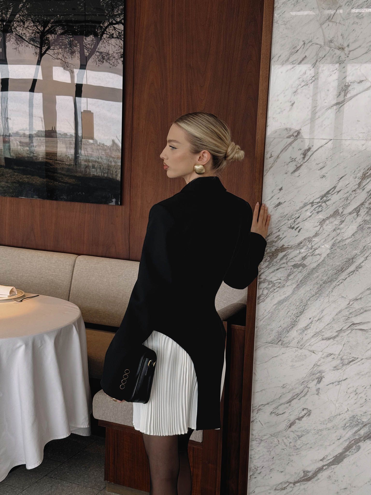 Mini blazer dress with pleated inserts on the skirt