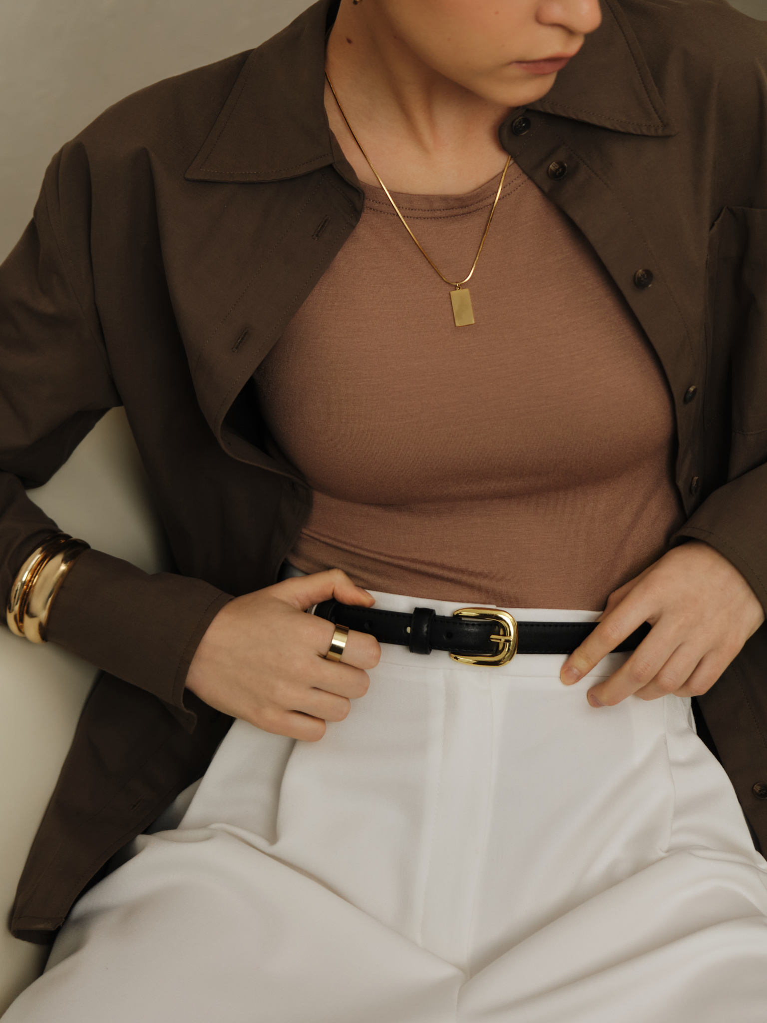 Slim eco leather belt with golden buckle