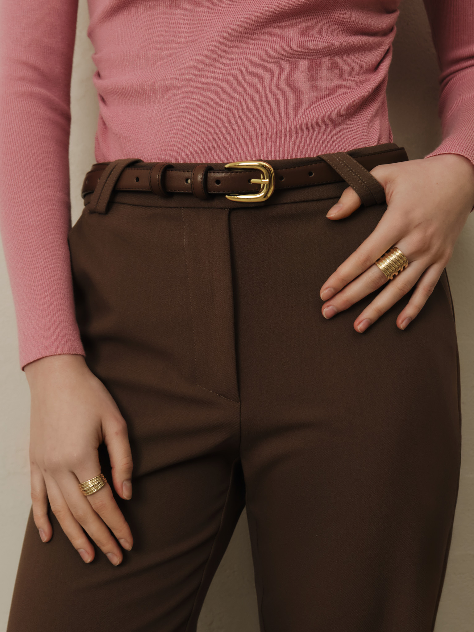 Slim eco leather belt with golden buckle