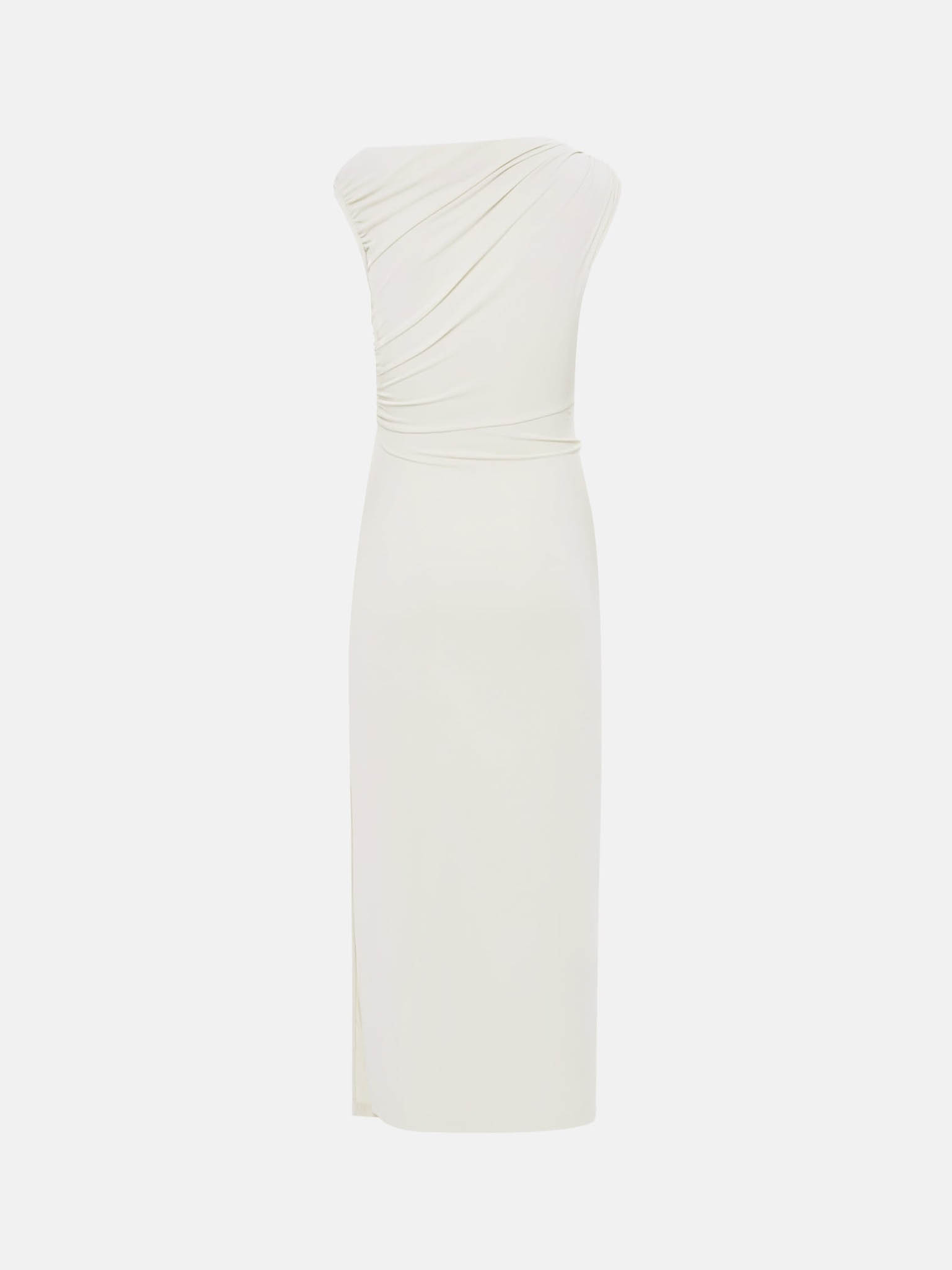 Midi jersey dress with pleats on the bodice and waist decoration