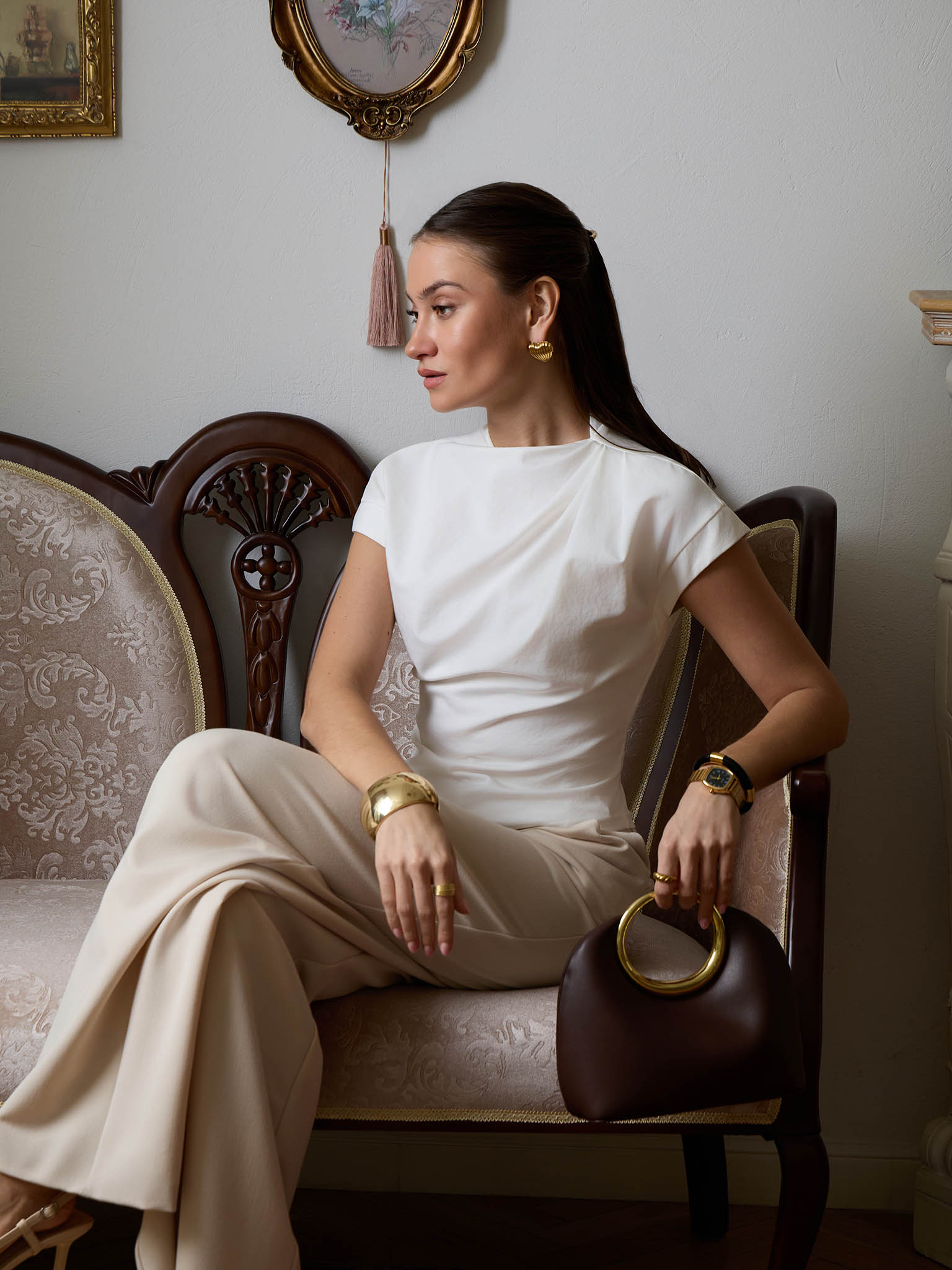 Short-sleeved top with draped shoulder