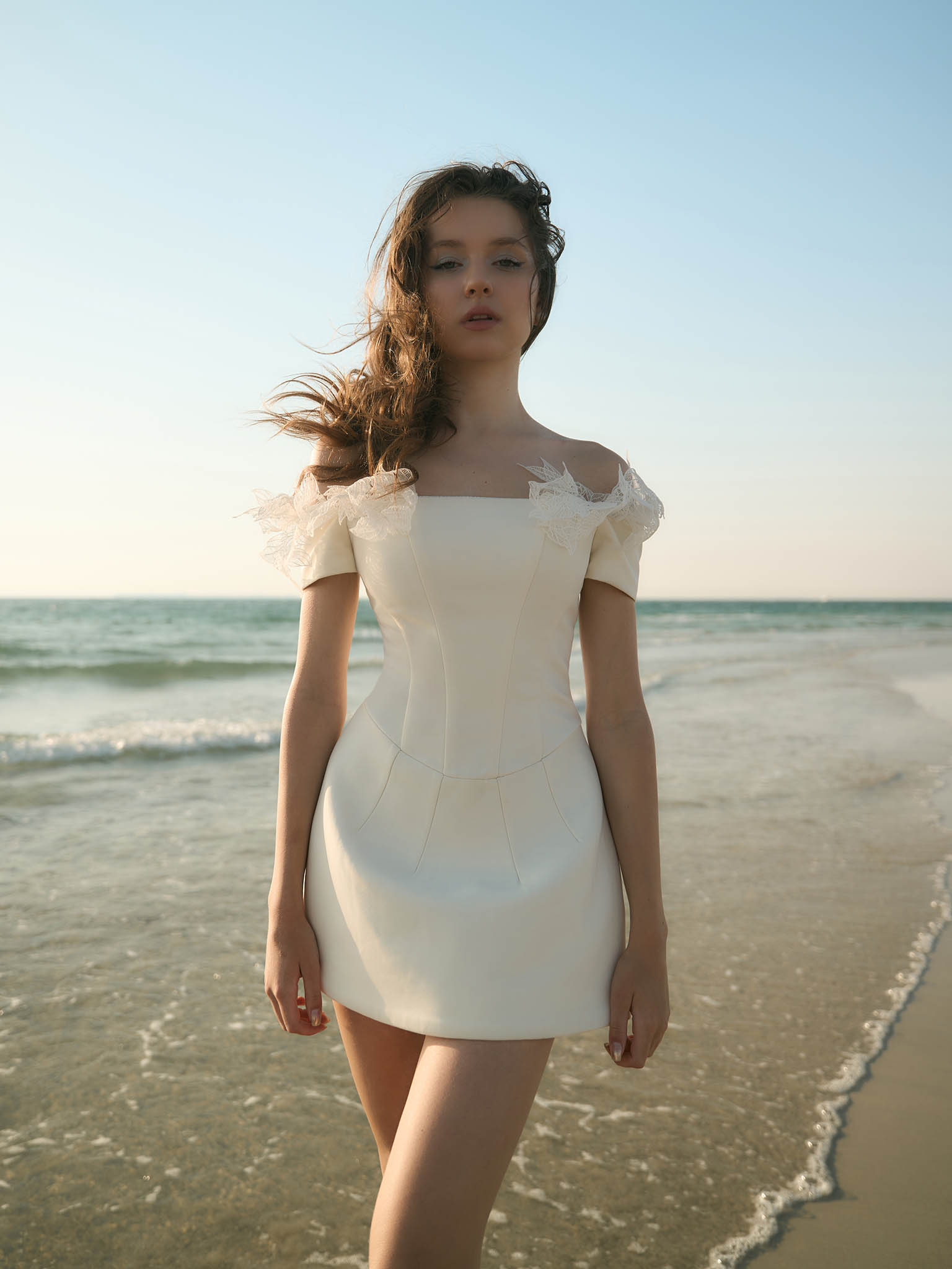 Mini dress with corset bodice and shoulder detailing