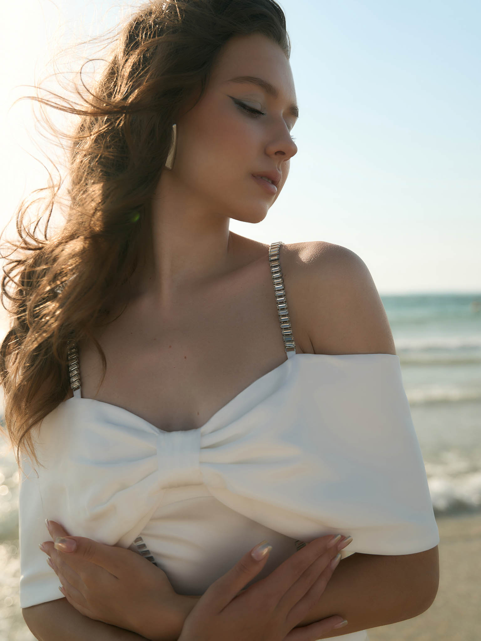 Maxi dress with open shoulders and silvertone decor