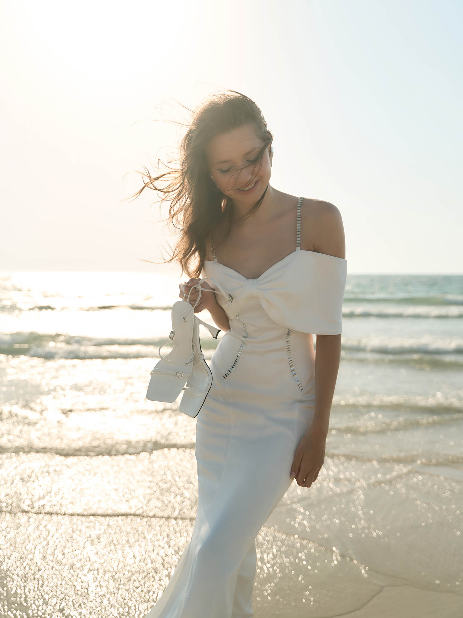 Maxi dress with open shoulders and silvertone decor