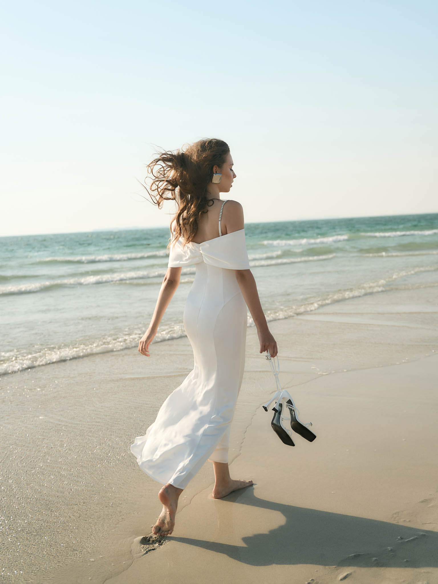 Maxi dress with open shoulders and silvertone decor