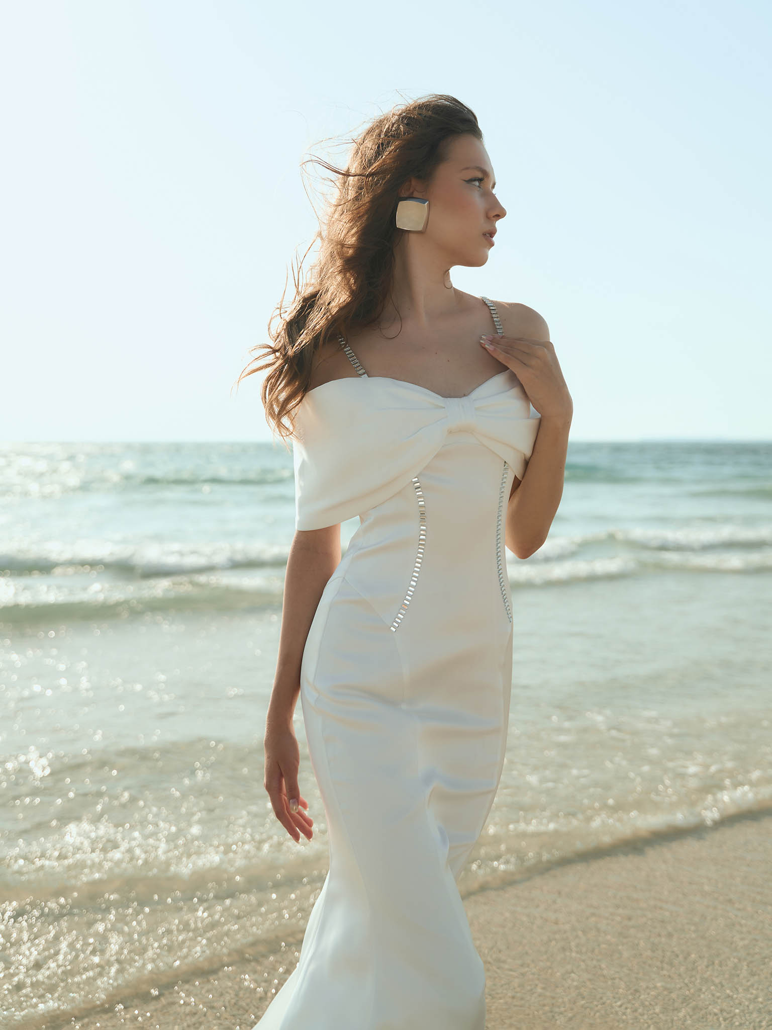 Maxi dress with open shoulders and silvertone decor